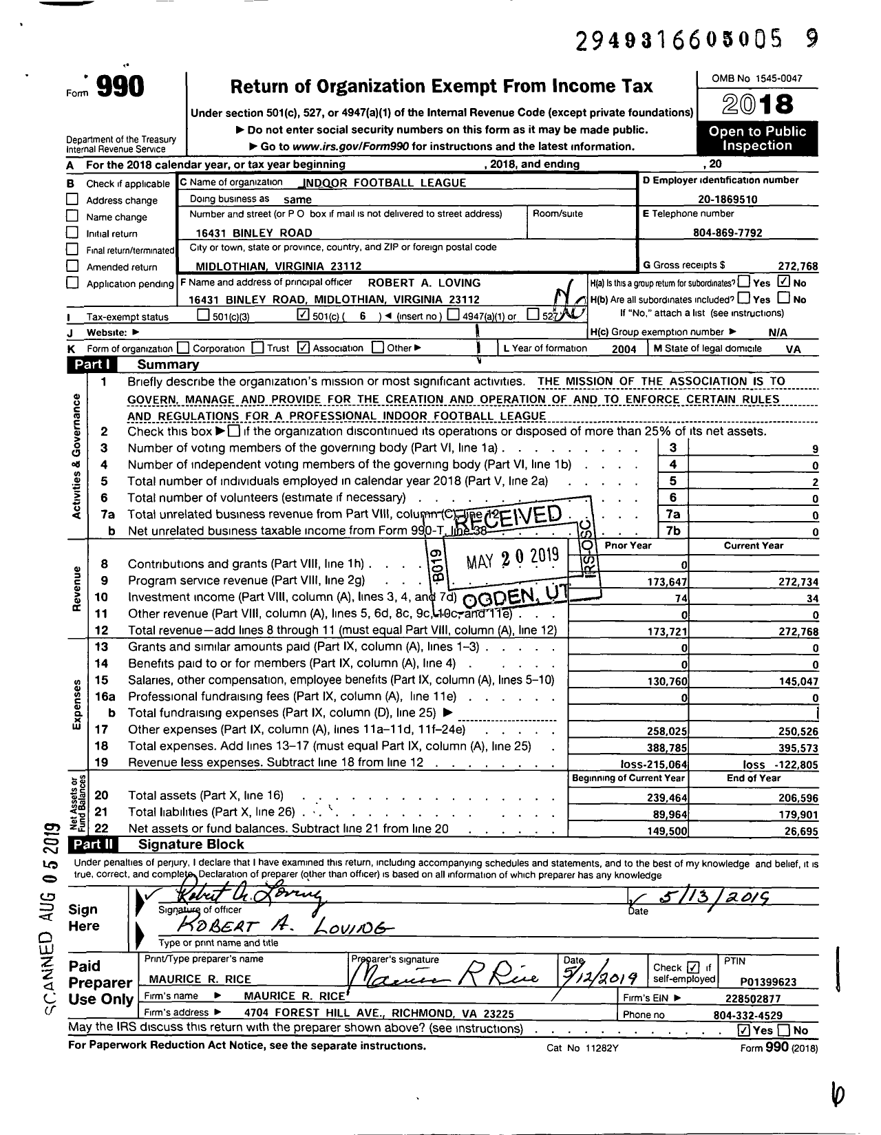 Image of first page of 2018 Form 990O for Indoor Football League