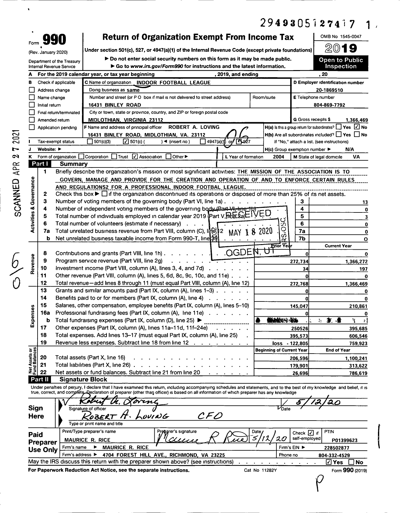 Image of first page of 2019 Form 990O for Indoor Football League