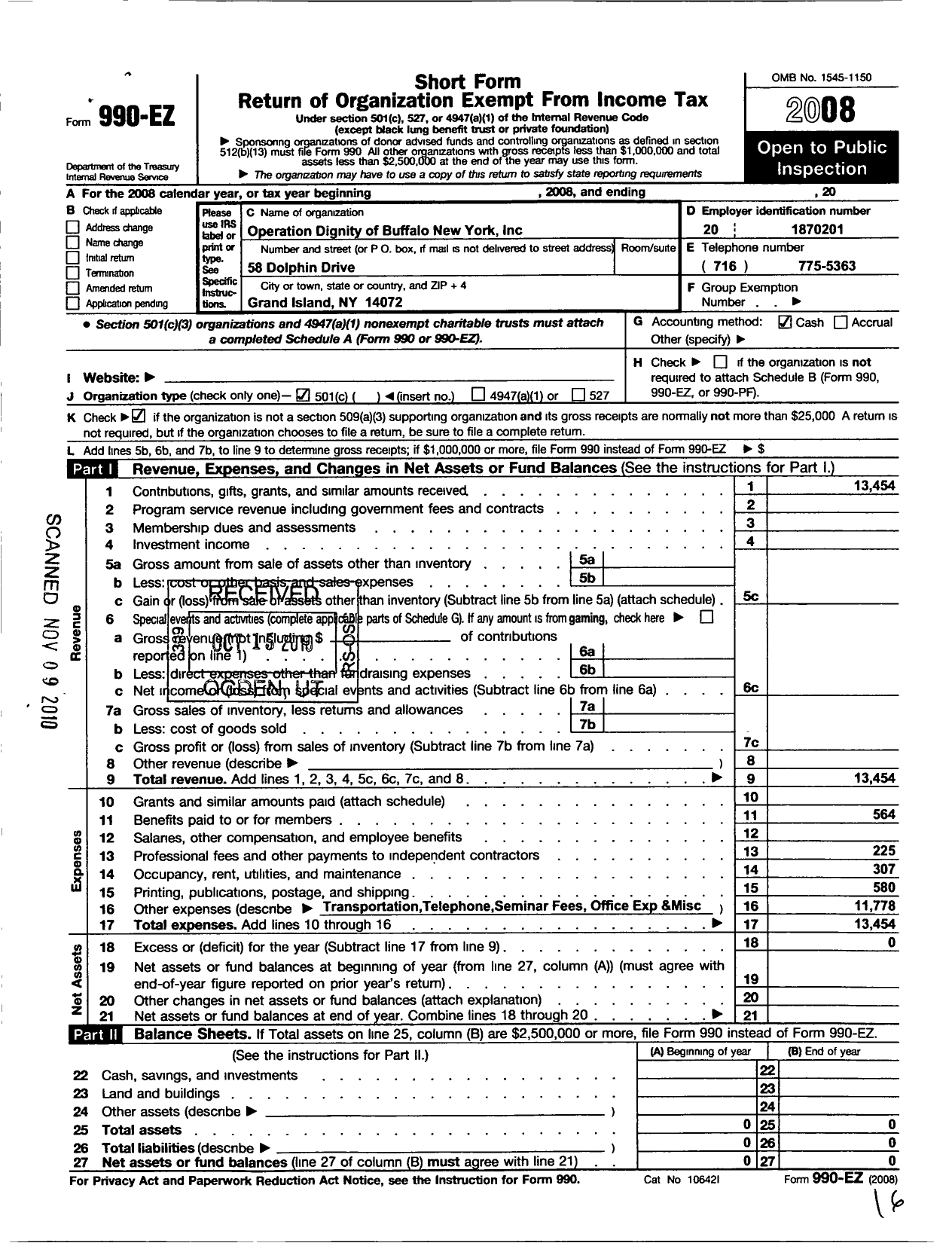 Image of first page of 2008 Form 990EO for Operation Dignity of Buffalo Buffalo New York