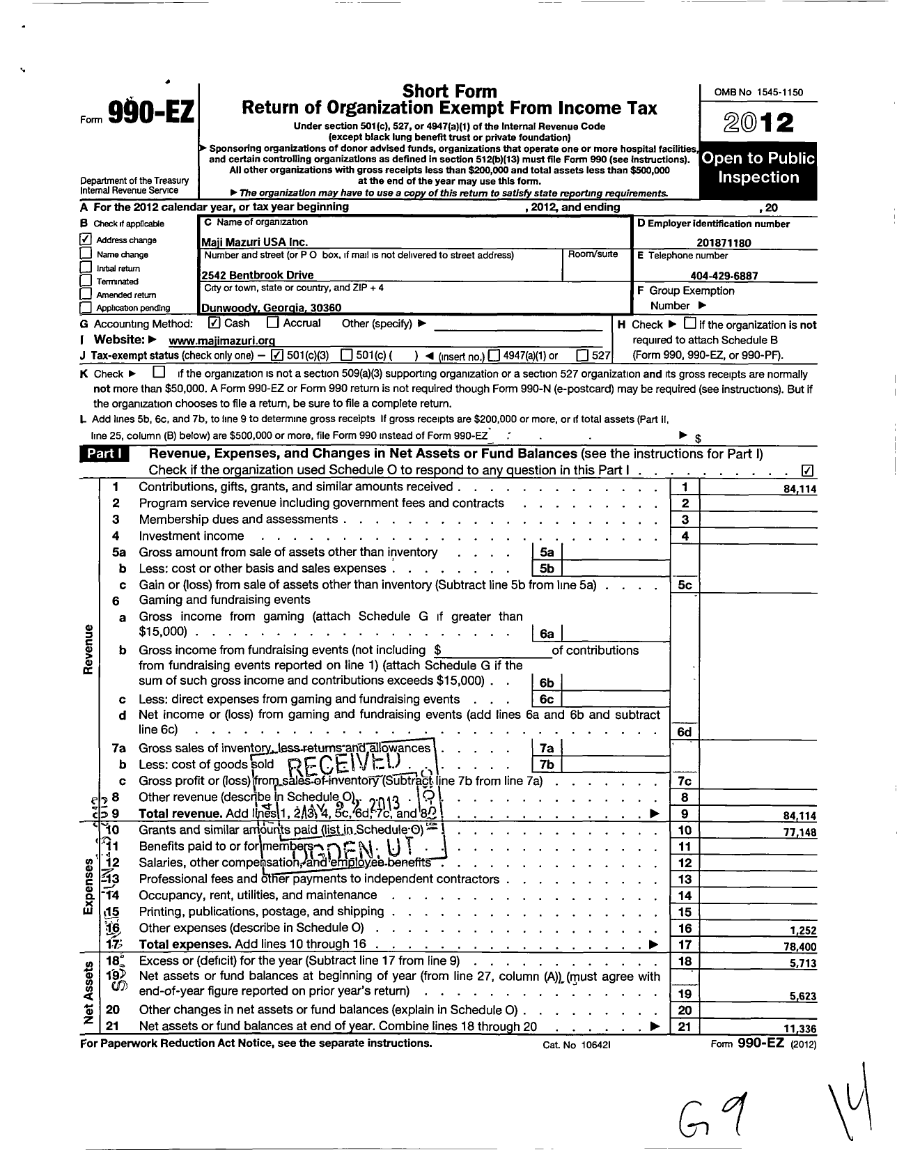 Image of first page of 2012 Form 990EZ for Maji Mazuri USA