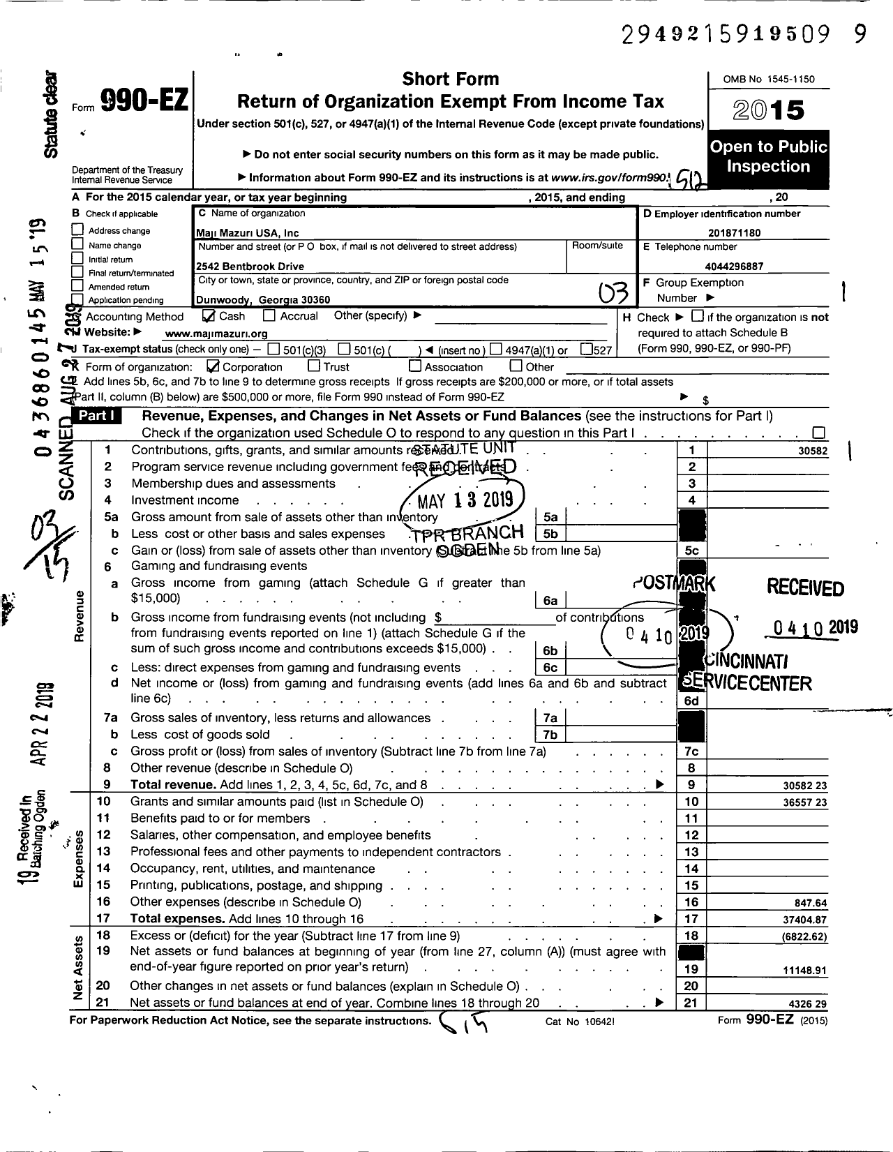 Image of first page of 2015 Form 990EZ for Maji Mazuri USA