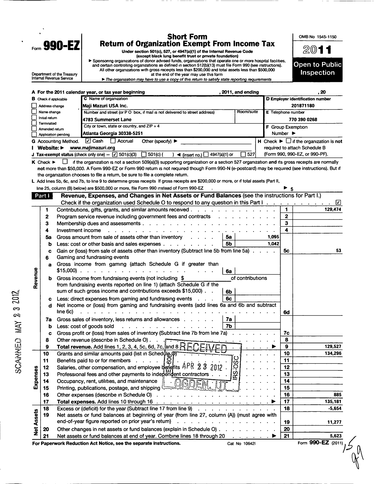 Image of first page of 2011 Form 990EZ for Maji Mazuri USA