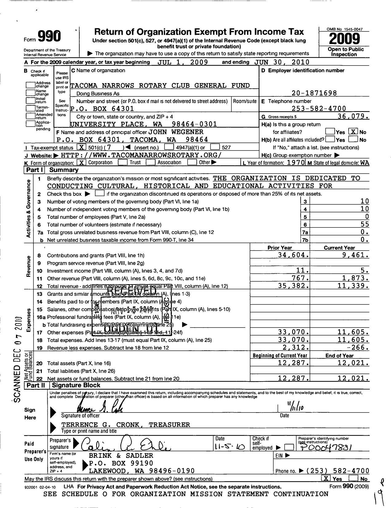 Image of first page of 2009 Form 990O for Rotary International - Tacoma Narrows Genreal Fund