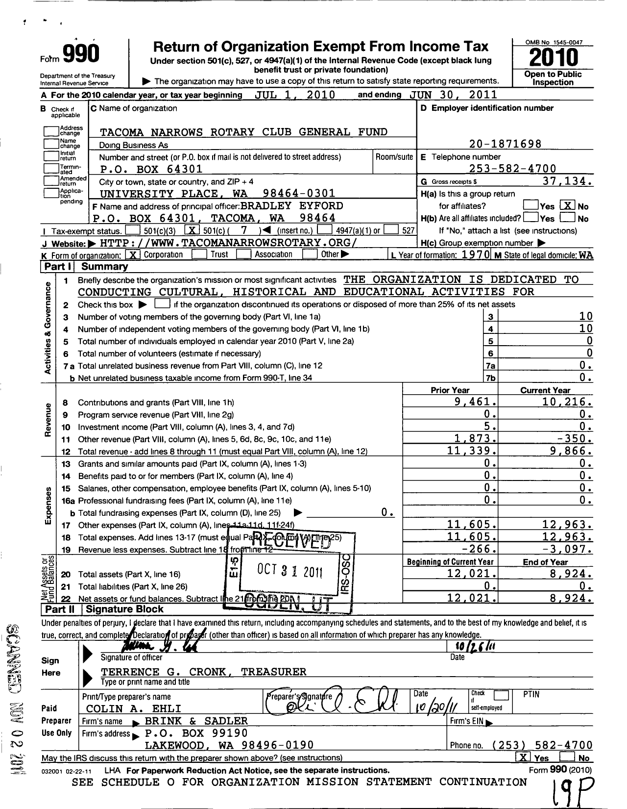 Image of first page of 2010 Form 990O for Rotary International - Tacoma Narrows Genreal Fund