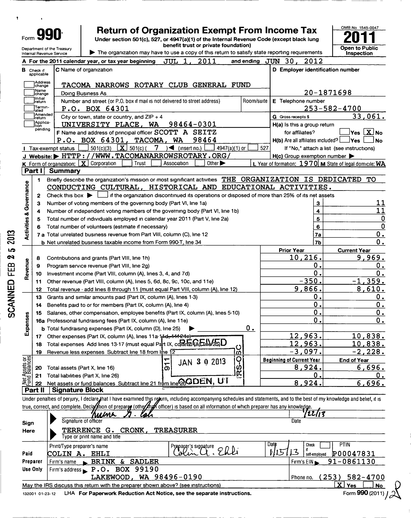 Image of first page of 2011 Form 990O for Rotary International - Tacoma Narrows Genreal Fund