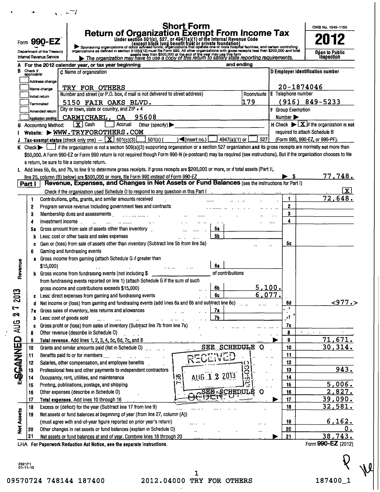 Image of first page of 2012 Form 990EZ for Try for Others