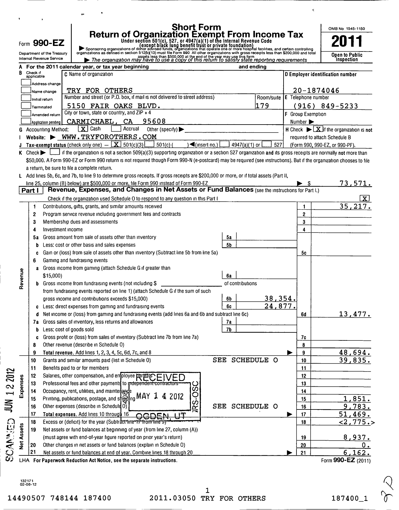 Image of first page of 2011 Form 990EZ for Try for Others