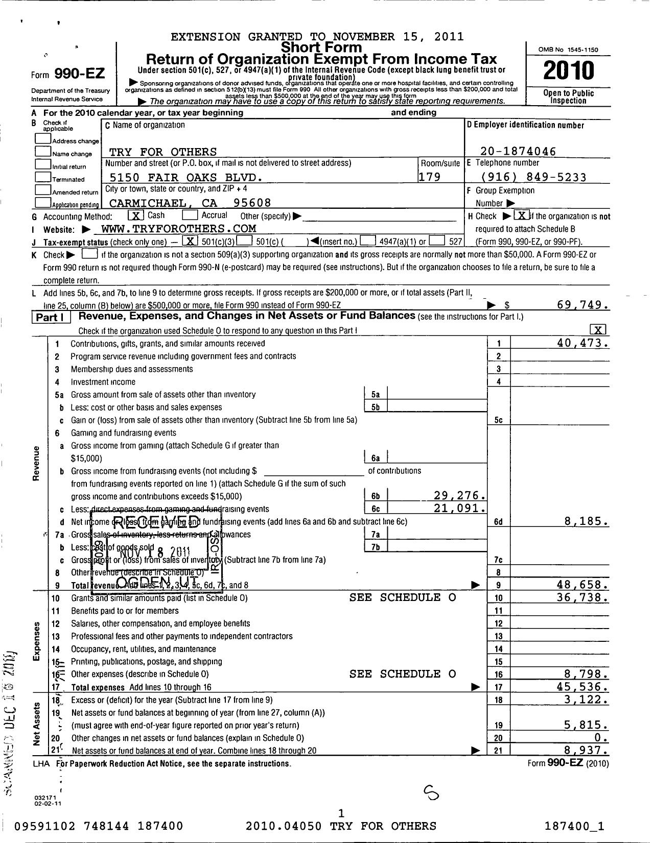 Image of first page of 2010 Form 990EZ for Try for Others