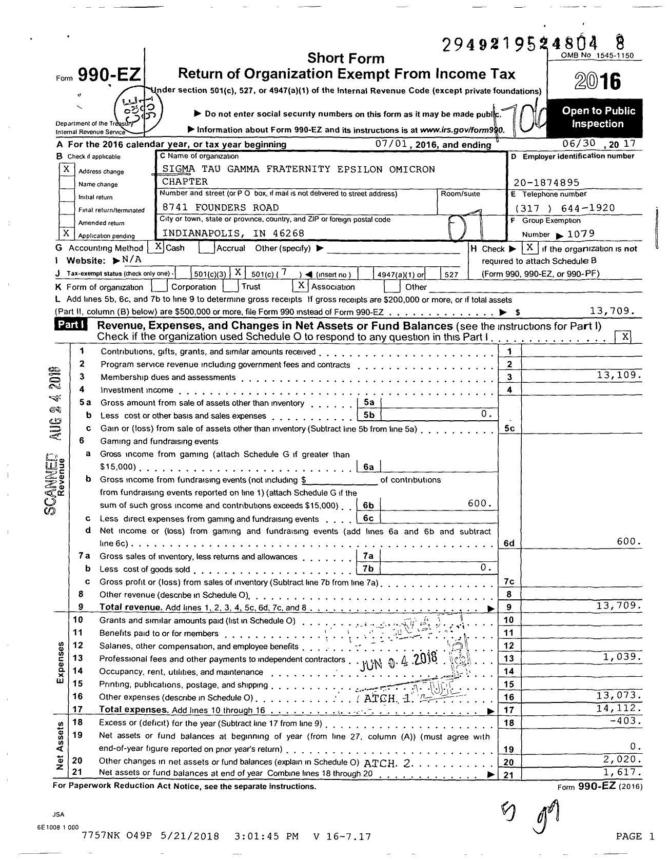 Image of first page of 2016 Form 990EO for B / A Epsilon Omicron