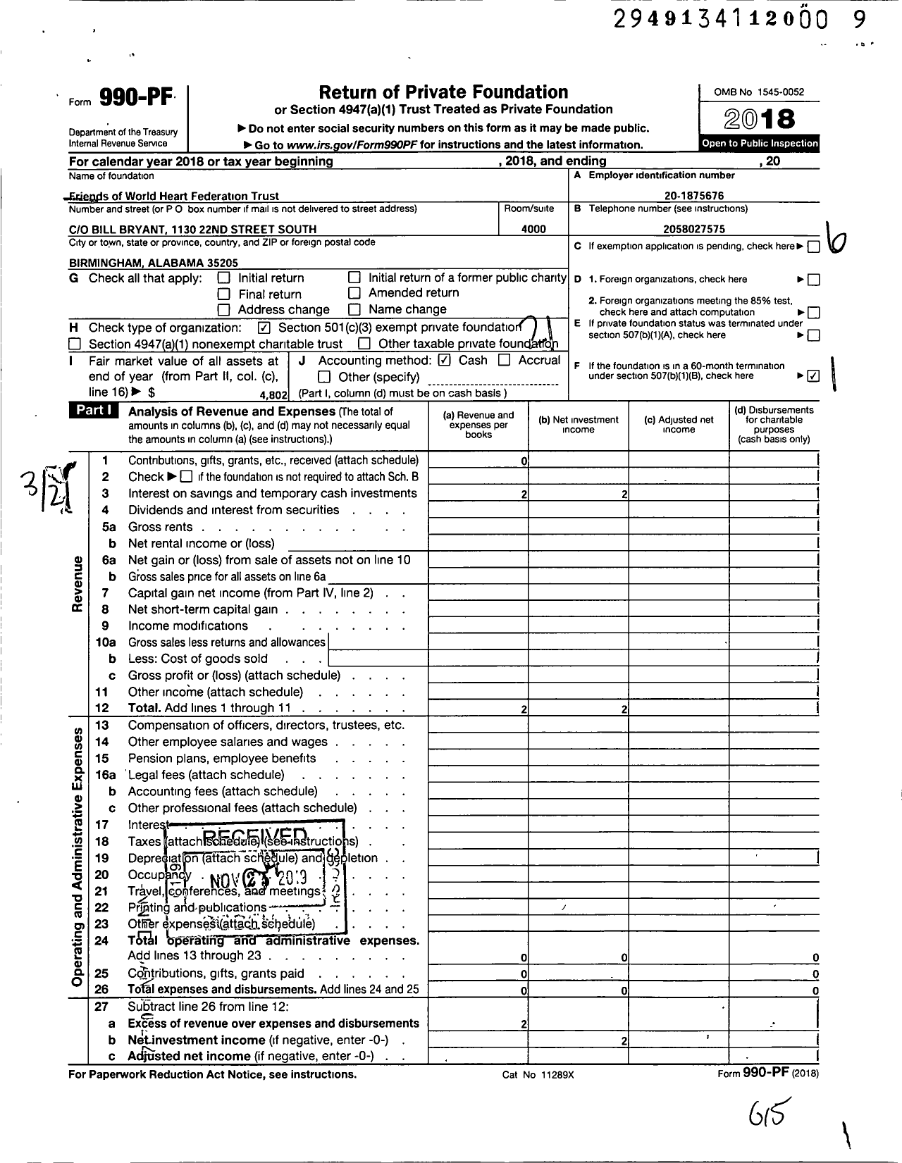 Image of first page of 2018 Form 990PF for Friends of World Heart Federation Trust