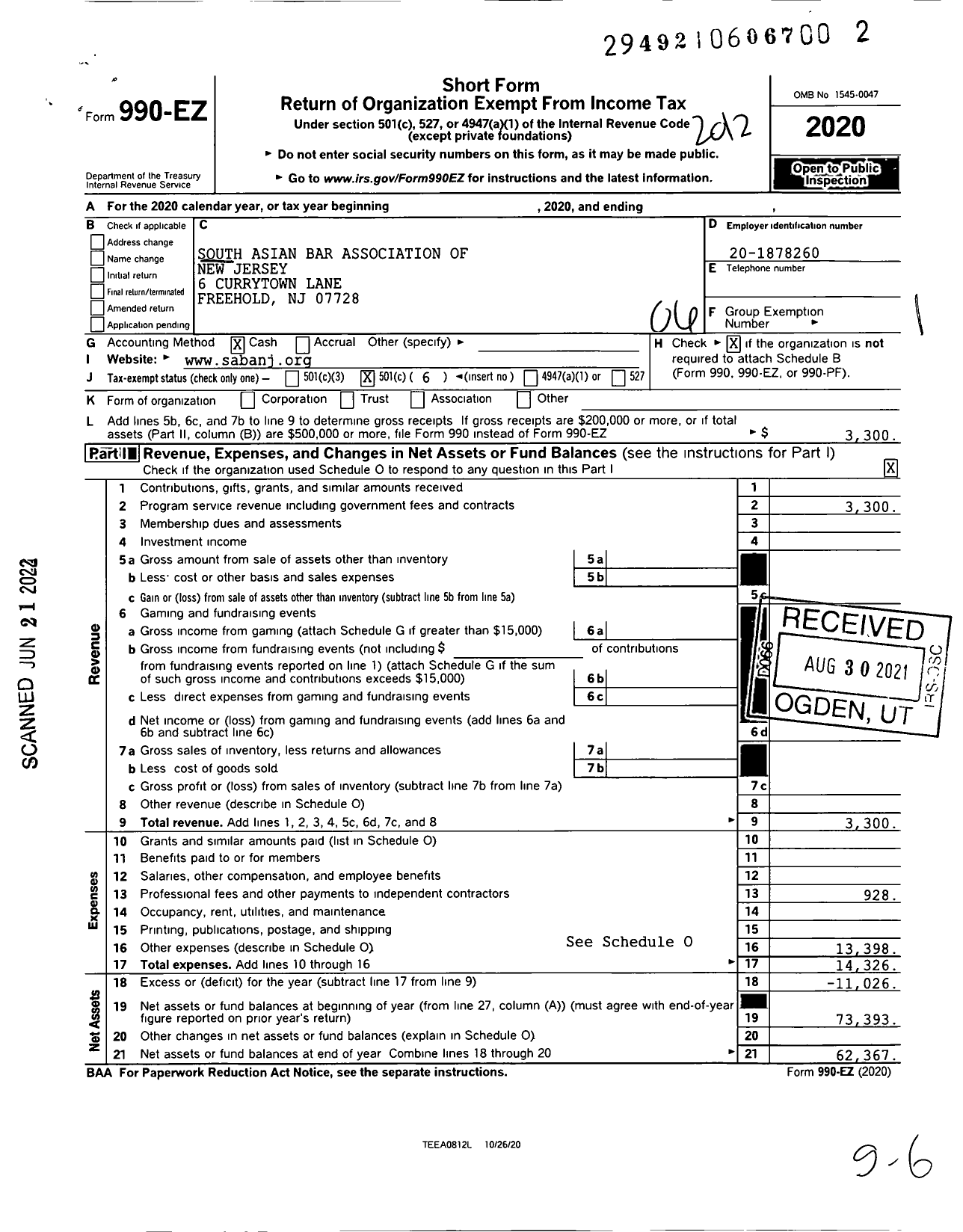 Image of first page of 2020 Form 990EO for South Asian Bar Association of New Jersey