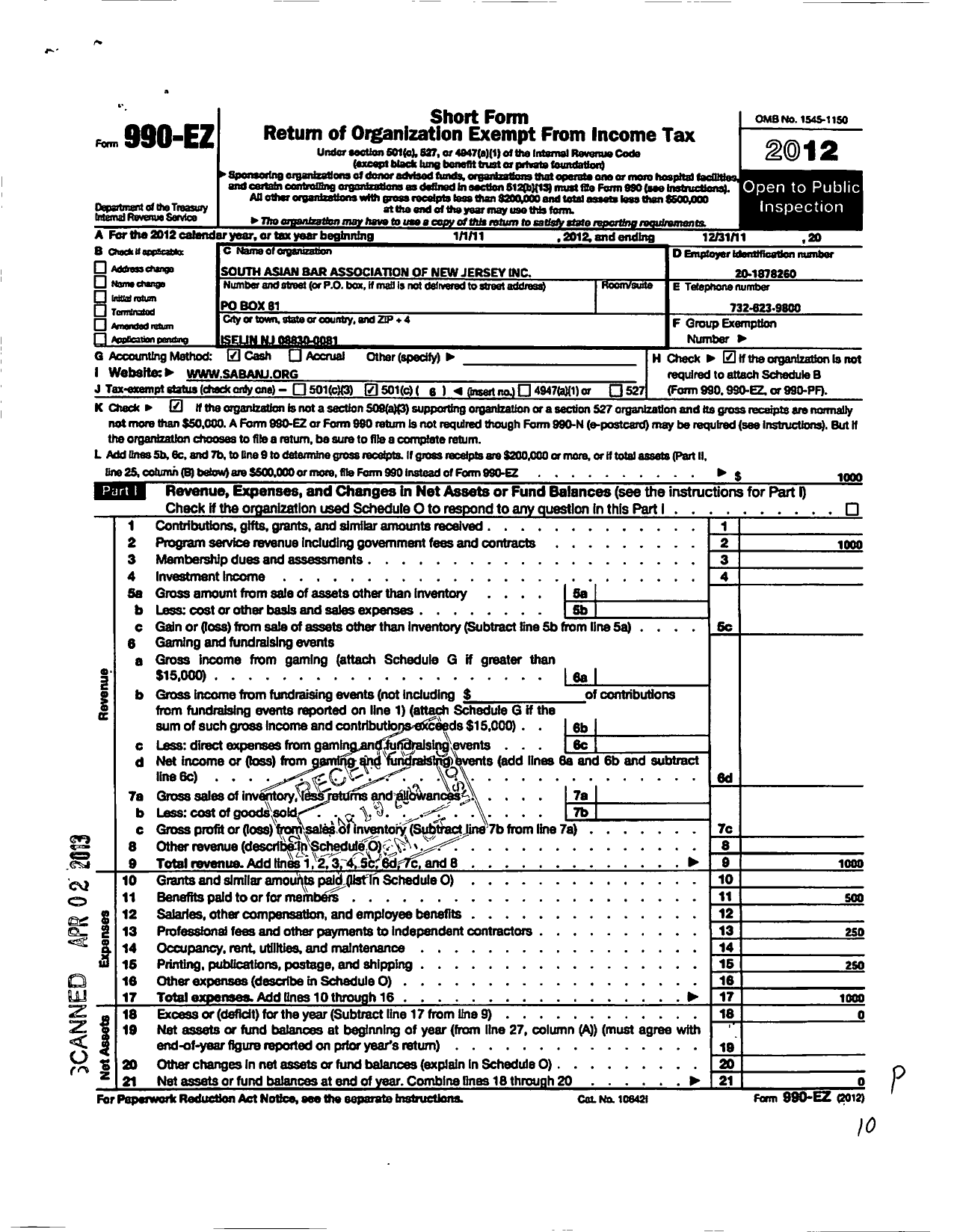 Image of first page of 2011 Form 990EO for South Asian Bar Association of New Jersey