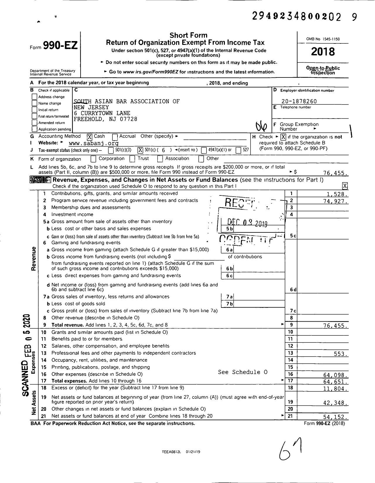 Image of first page of 2018 Form 990EO for South Asian Bar Association of New Jersey