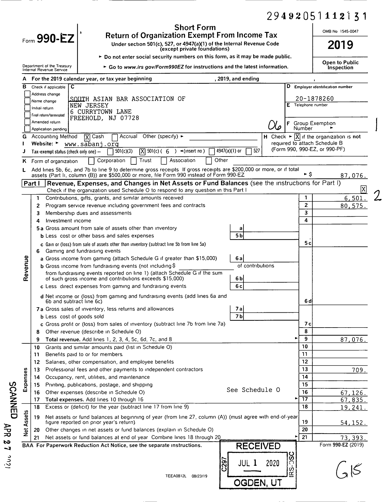 Image of first page of 2019 Form 990EO for South Asian Bar Association of New Jersey