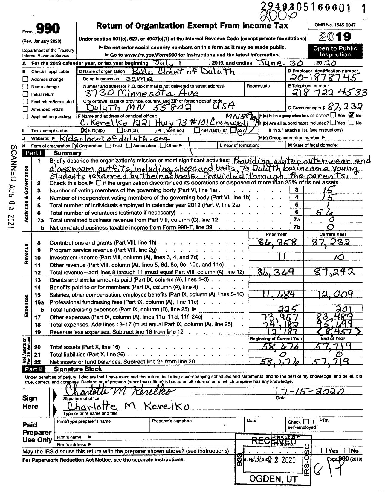 Image of first page of 2019 Form 990 for Kids Closet of Duluth