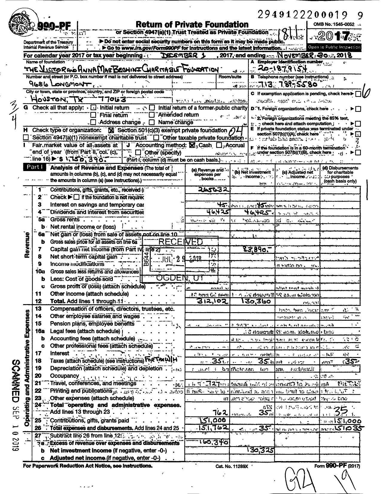 Image of first page of 2017 Form 990PF for The Victor and Anna Mae Beghini Charitable Foundation