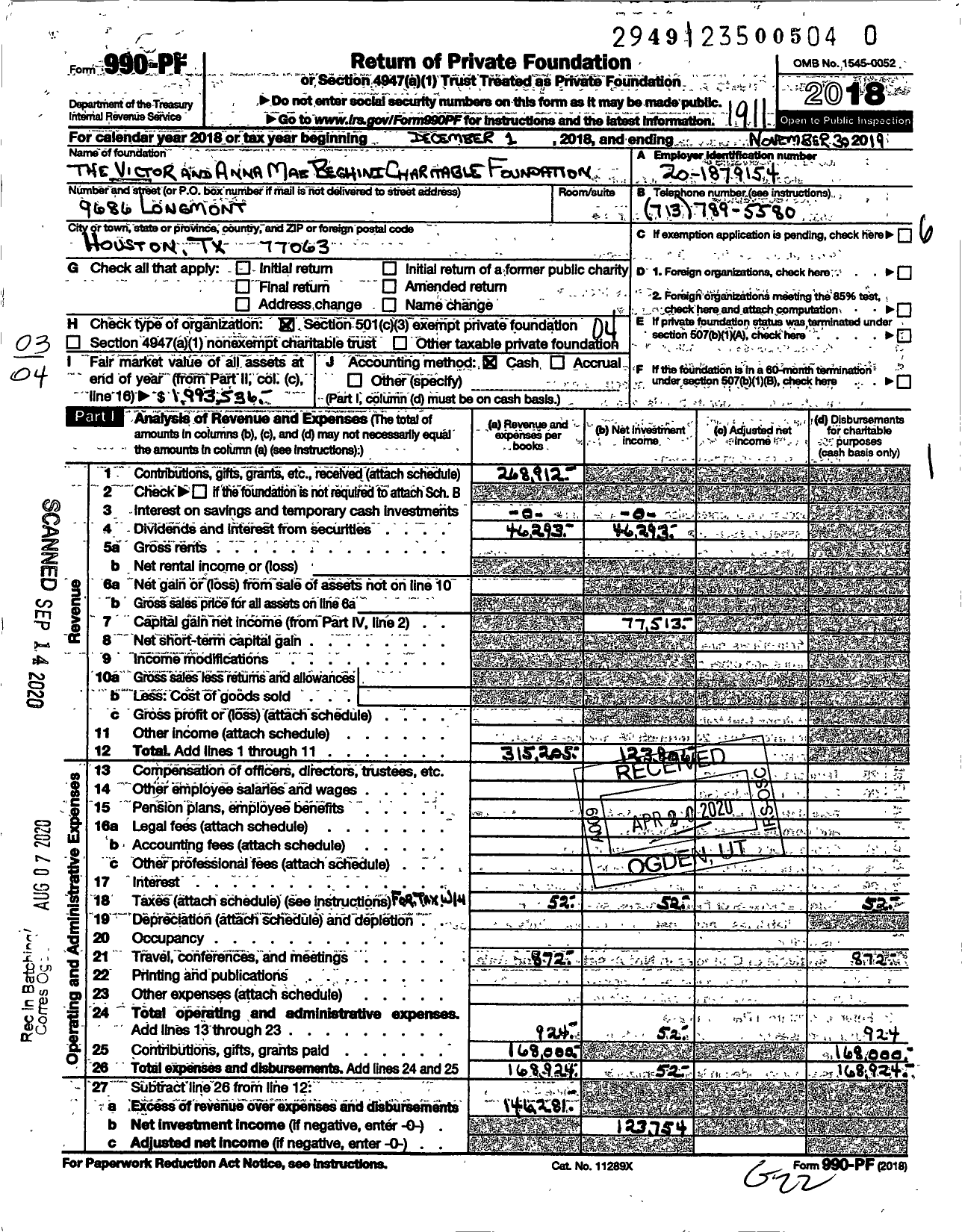 Image of first page of 2018 Form 990PR for The Victor and Anna Mae Beghini Charitable Foundation