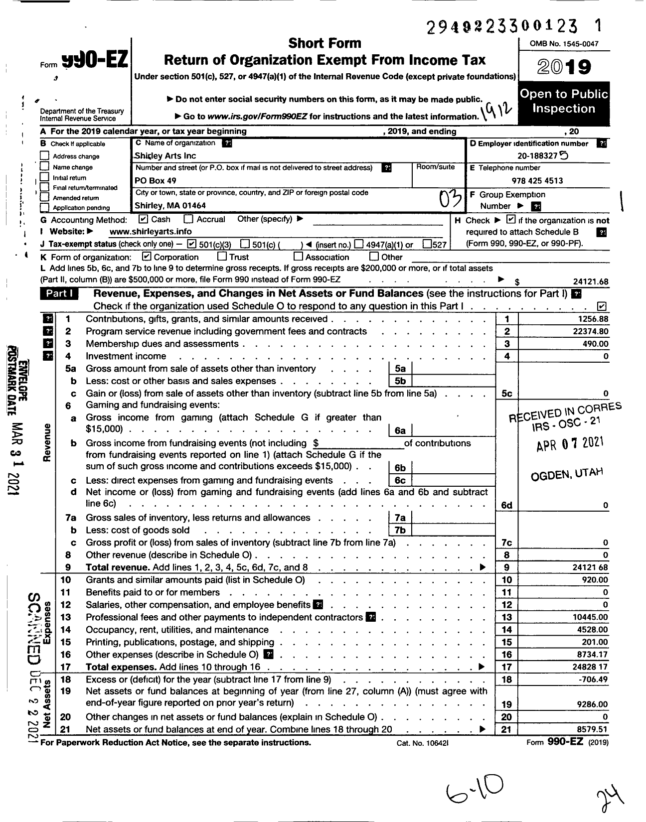 Image of first page of 2019 Form 990EZ for Shirley Arts