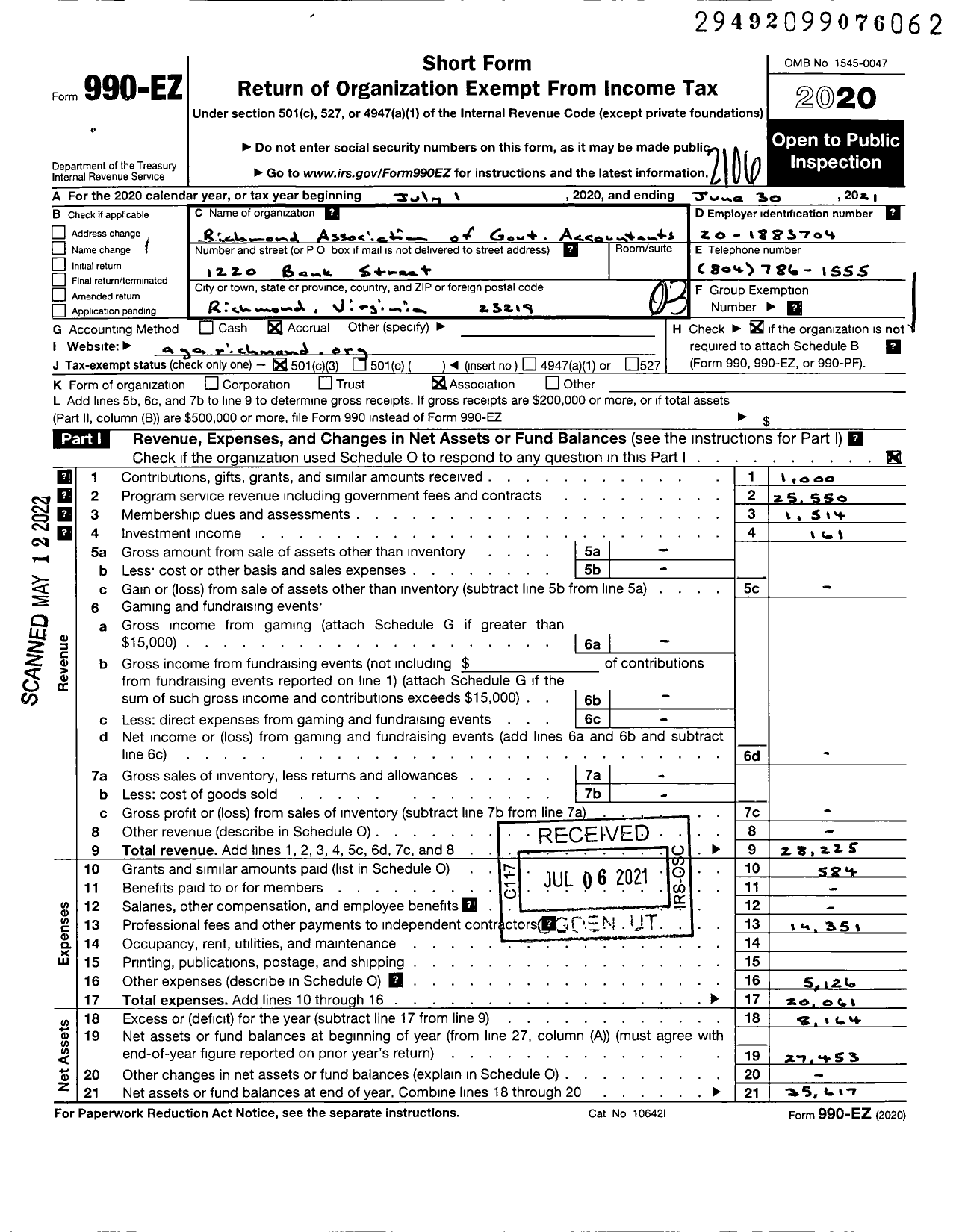 Image of first page of 2020 Form 990EZ for Association of Government Accountants - 18 Richmond Chapter