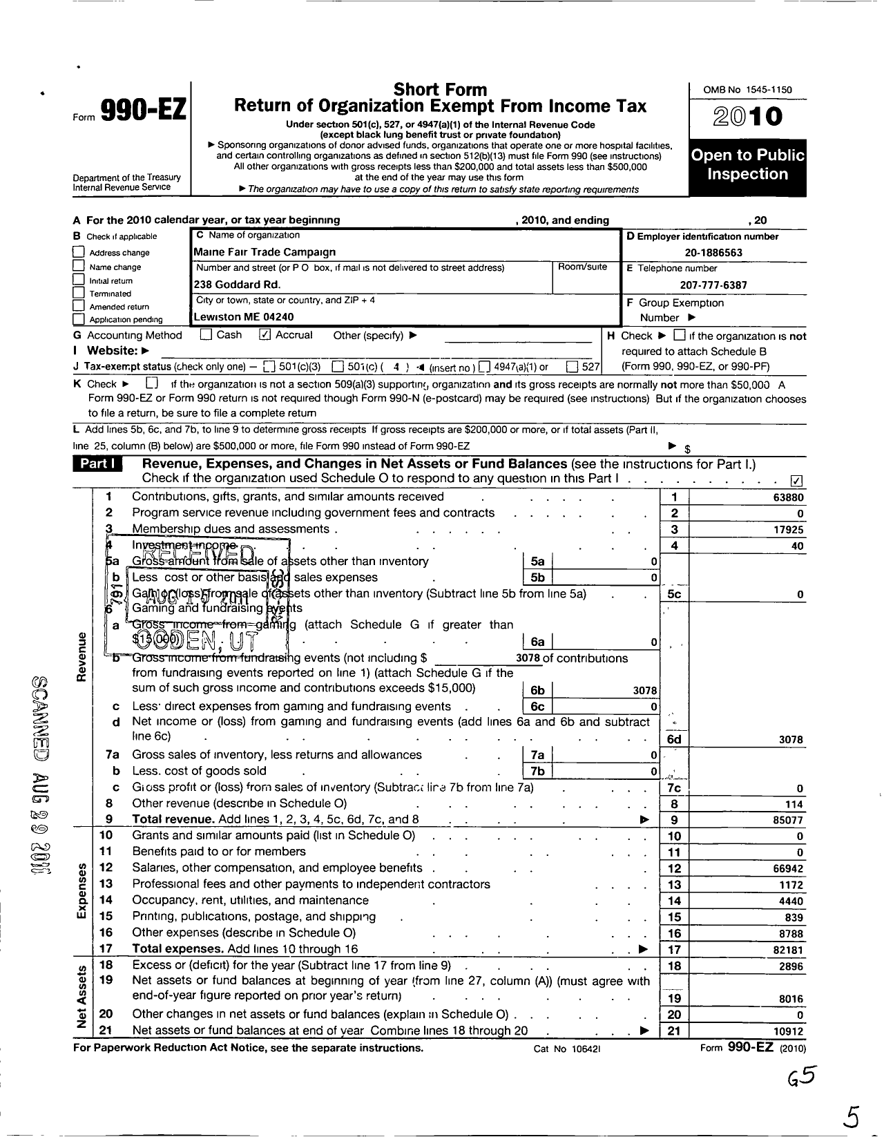 Image of first page of 2010 Form 990EO for Maine Fair Trade Campaign