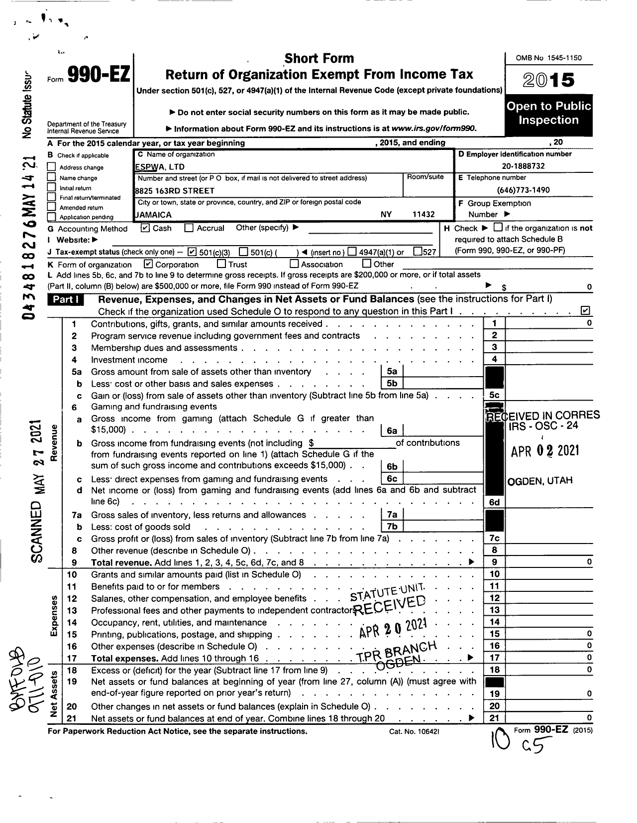 Image of first page of 2015 Form 990EA for Espwa