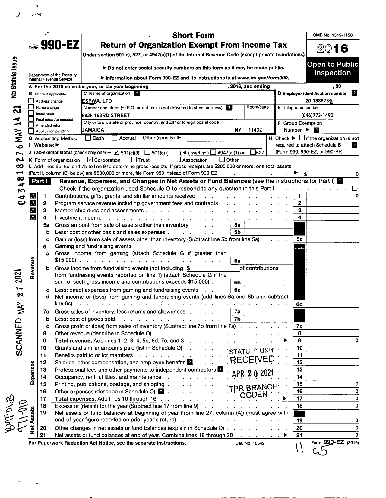 Image of first page of 2016 Form 990EA for Espwa