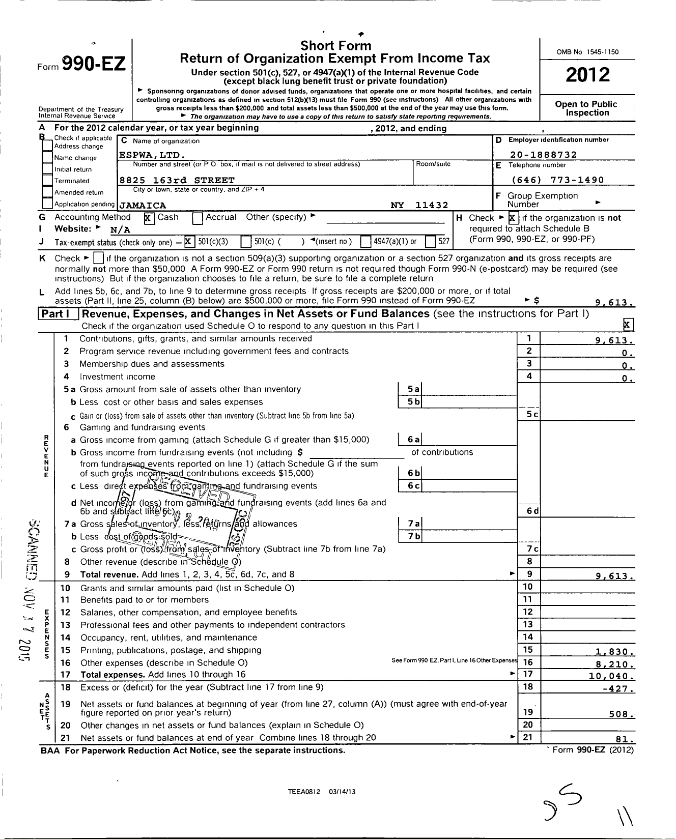 Image of first page of 2012 Form 990EZ for Espwa