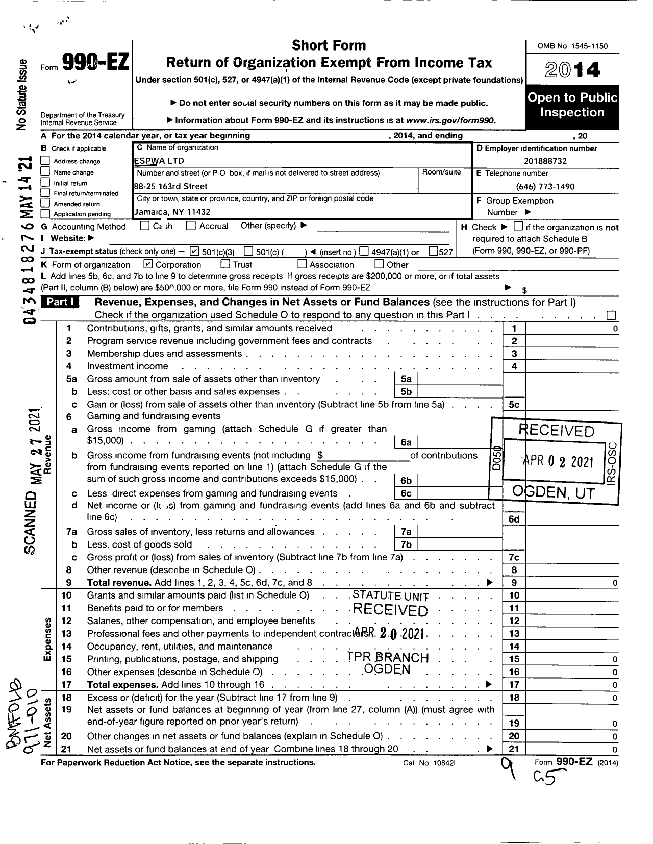 Image of first page of 2014 Form 990EA for Espwa