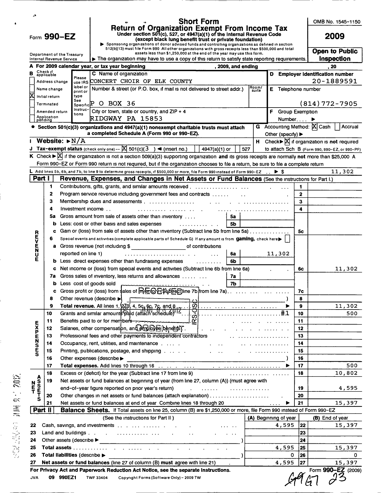 Image of first page of 2009 Form 990EZ for Concert Choir of Elk County