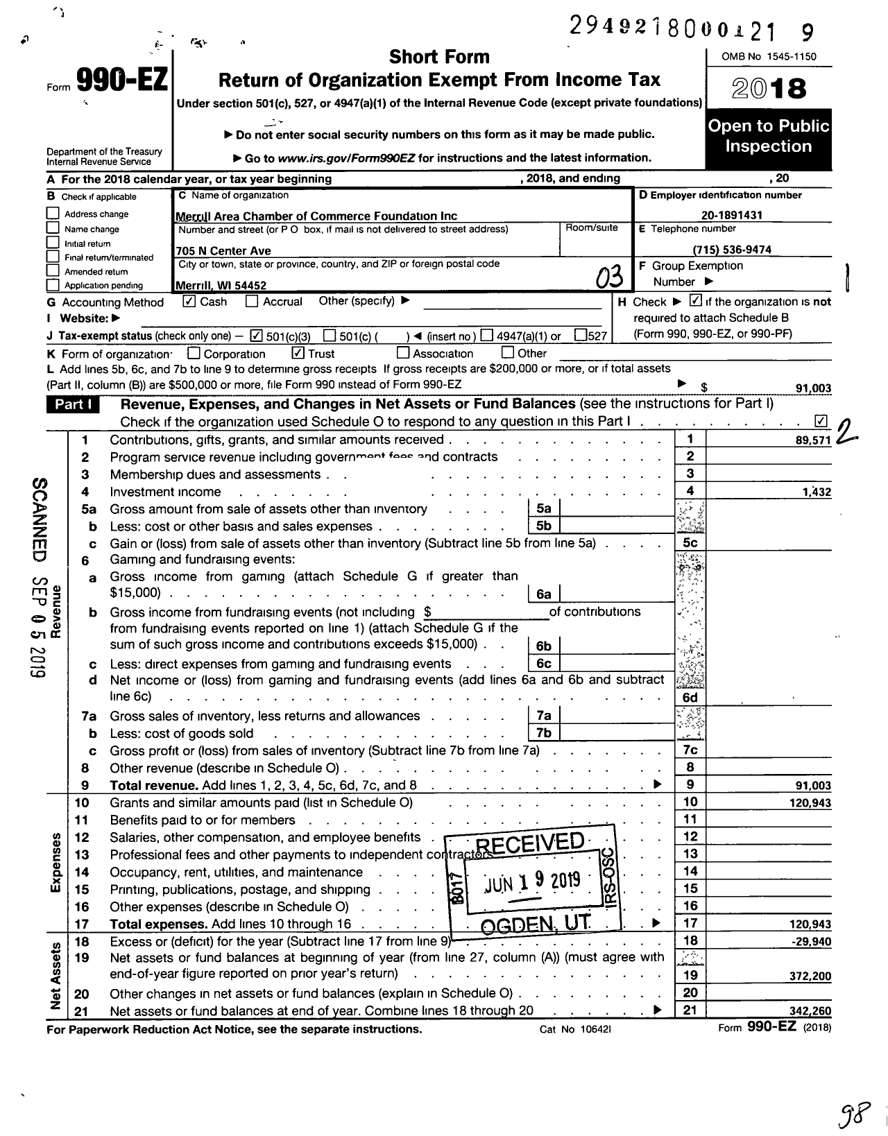 Image of first page of 2018 Form 990EZ for Merrill Area Chamber of Commerce Foundation