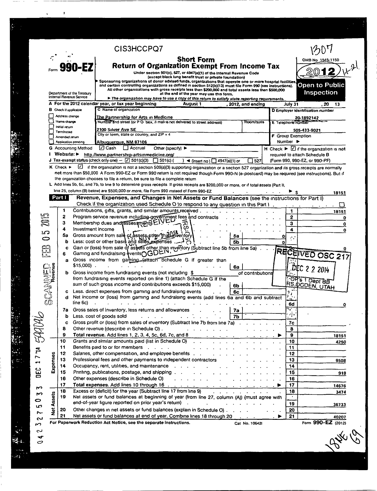 Image of first page of 2012 Form 990EZ for The Partnership for Arts in