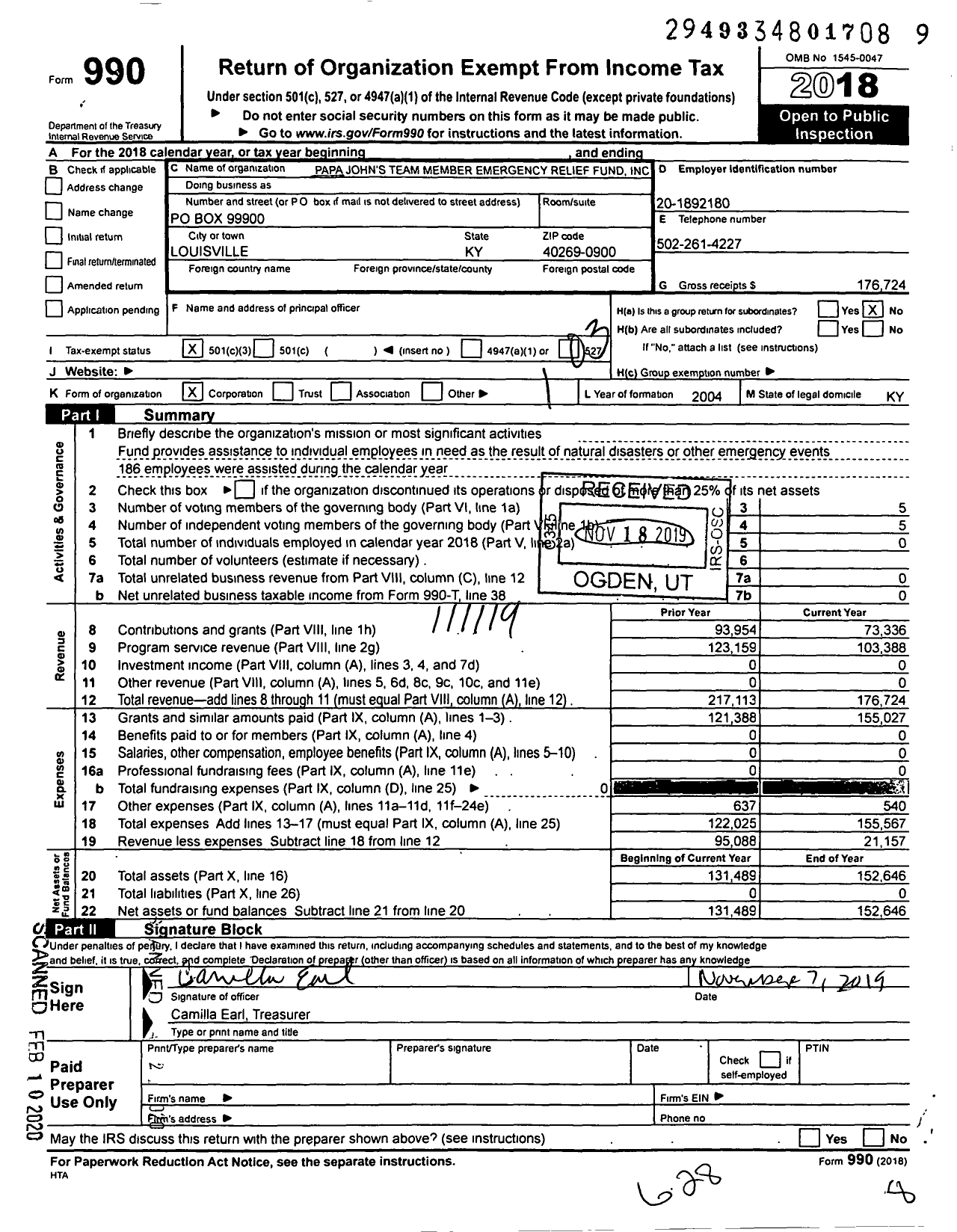 Image of first page of 2018 Form 990 for Papa John's Team Member Emergency Relief