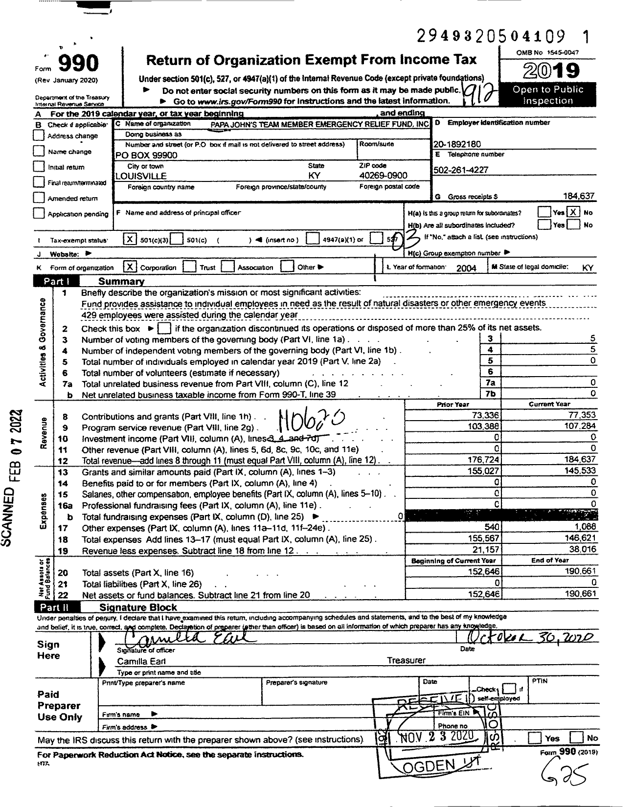 Image of first page of 2019 Form 990 for Papa John's Team Member Emergency Relief