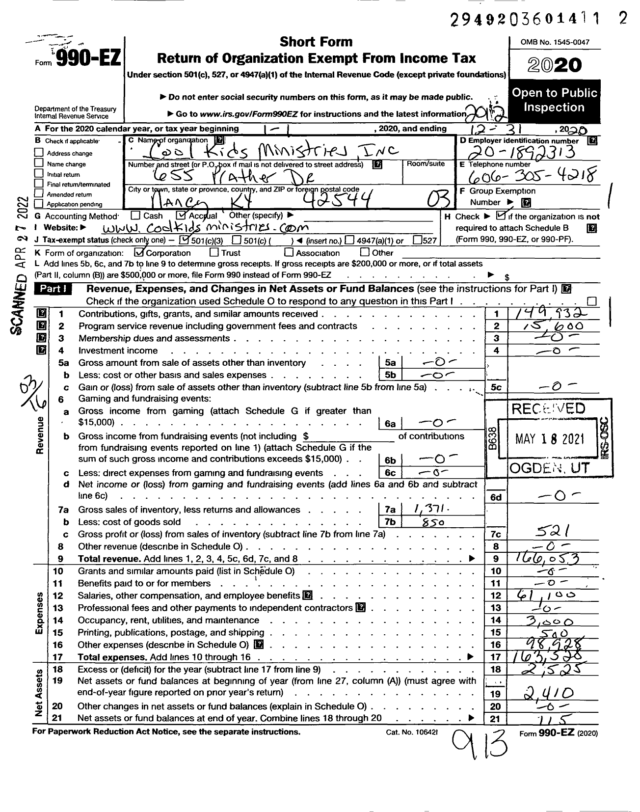 Image of first page of 2020 Form 990EZ for Cool Kids Ministries