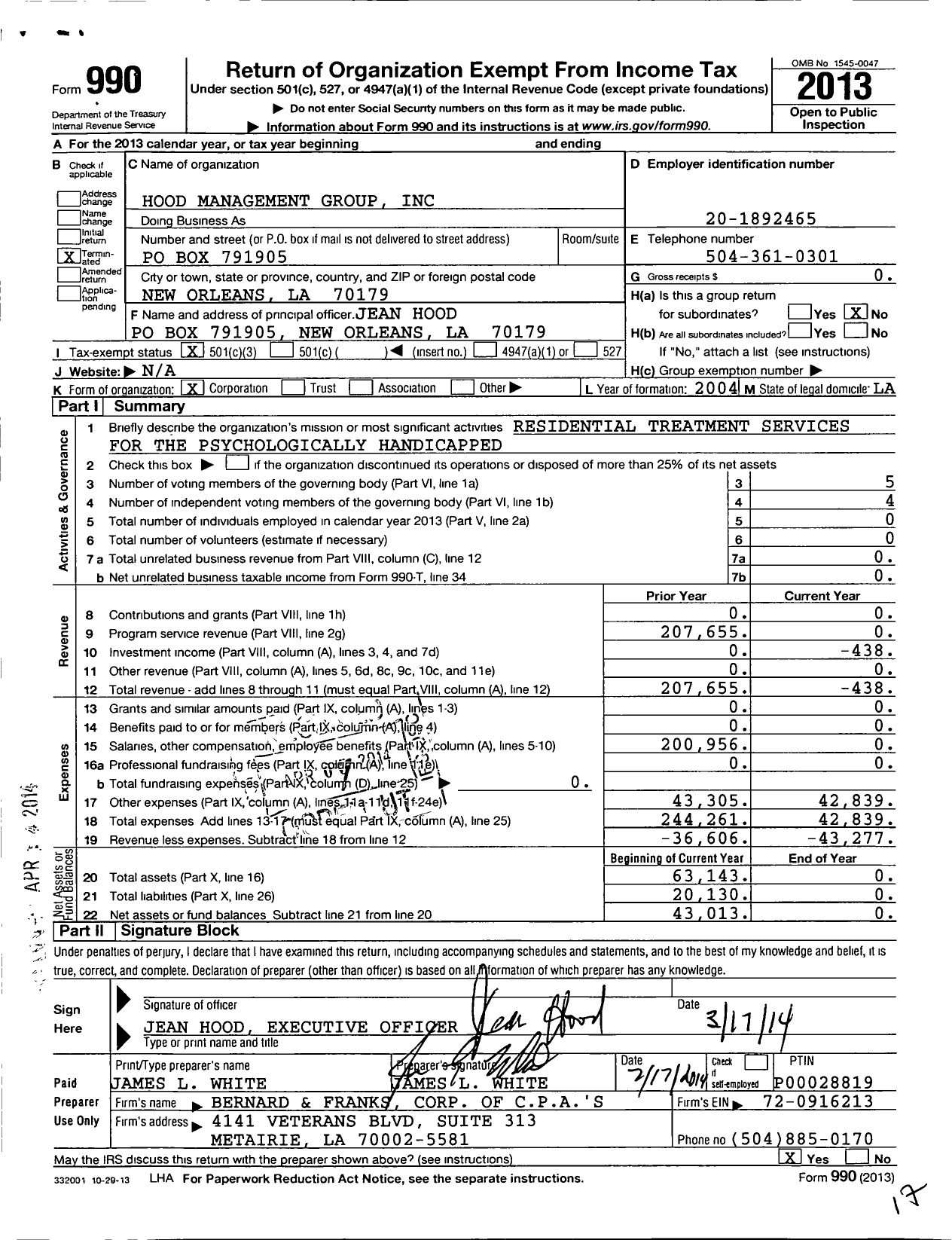Image of first page of 2013 Form 990 for Hood Management Group