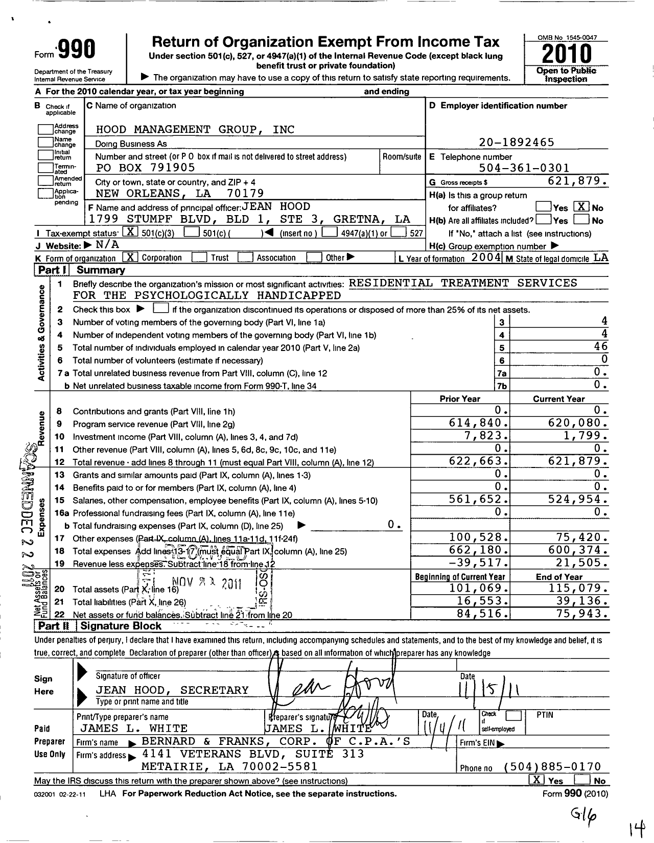 Image of first page of 2010 Form 990 for Hood Management Group