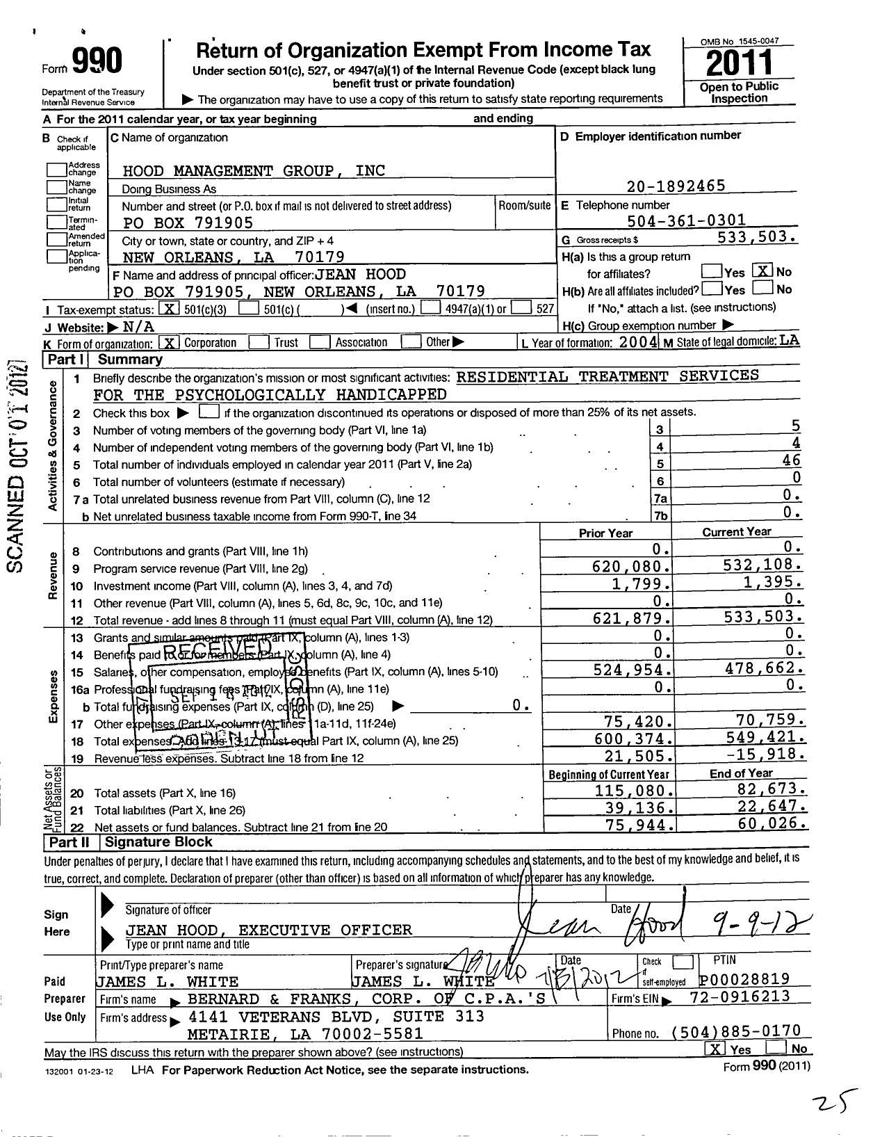 Image of first page of 2011 Form 990 for Hood Management Group