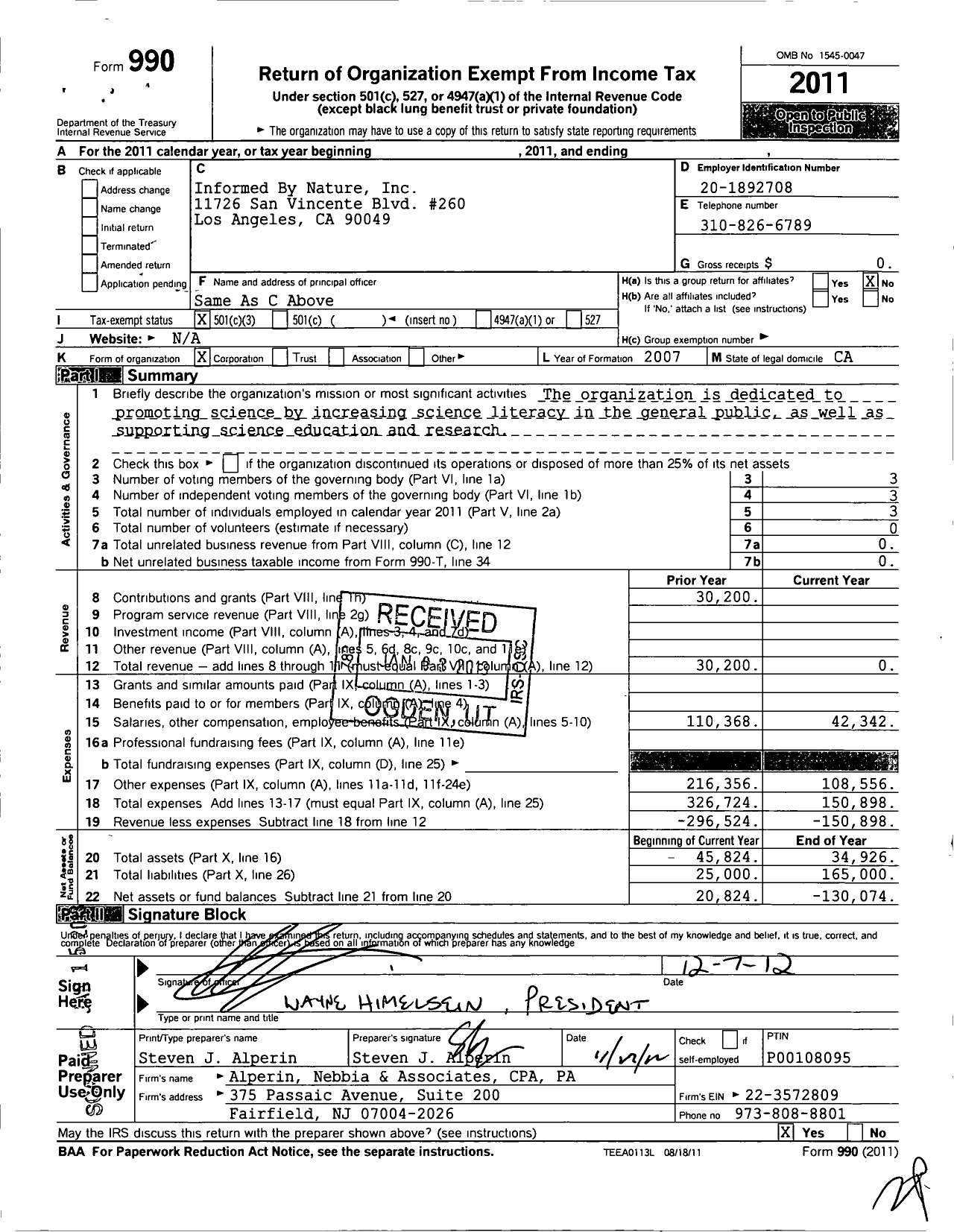 Image of first page of 2011 Form 990 for Informed By Nature