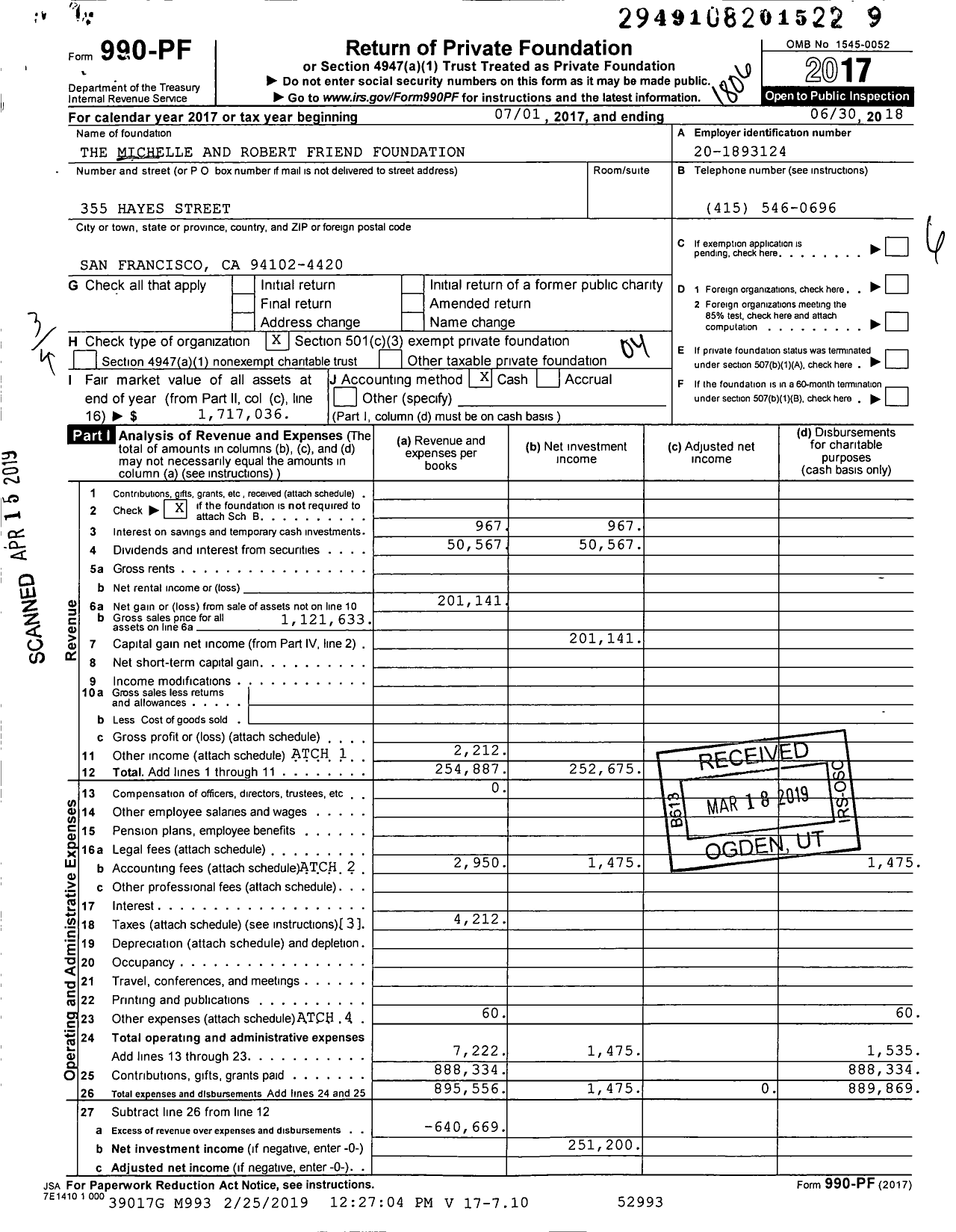 Image of first page of 2017 Form 990PF for The Michelle and Robert Friend Foundation