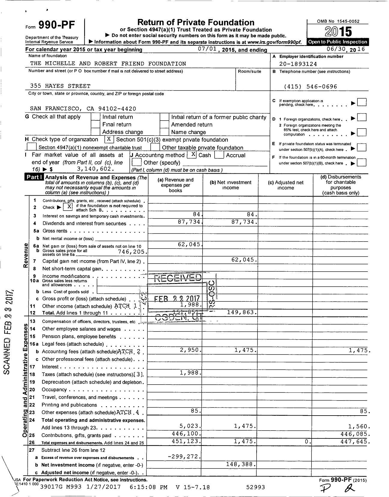 Image of first page of 2015 Form 990PF for The Michelle and Robert Friend Foundation