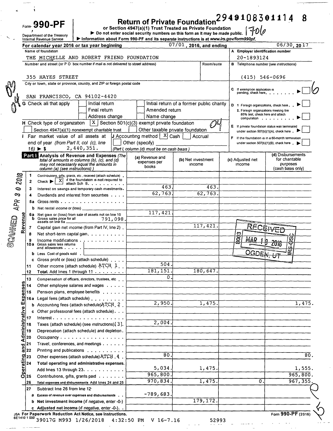 Image of first page of 2016 Form 990PF for The Michelle and Robert Friend Foundation