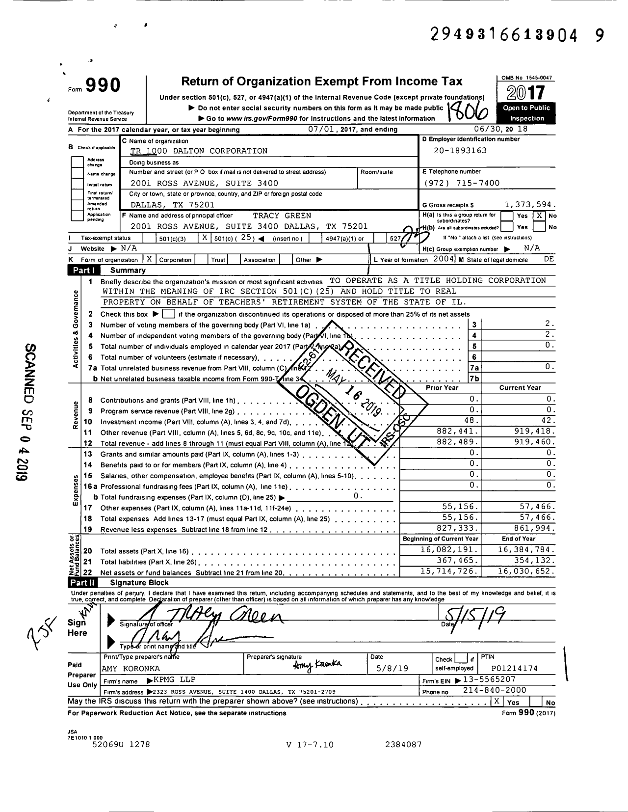 Image of first page of 2017 Form 990O for TR 1000 Dalton Lane Corporation