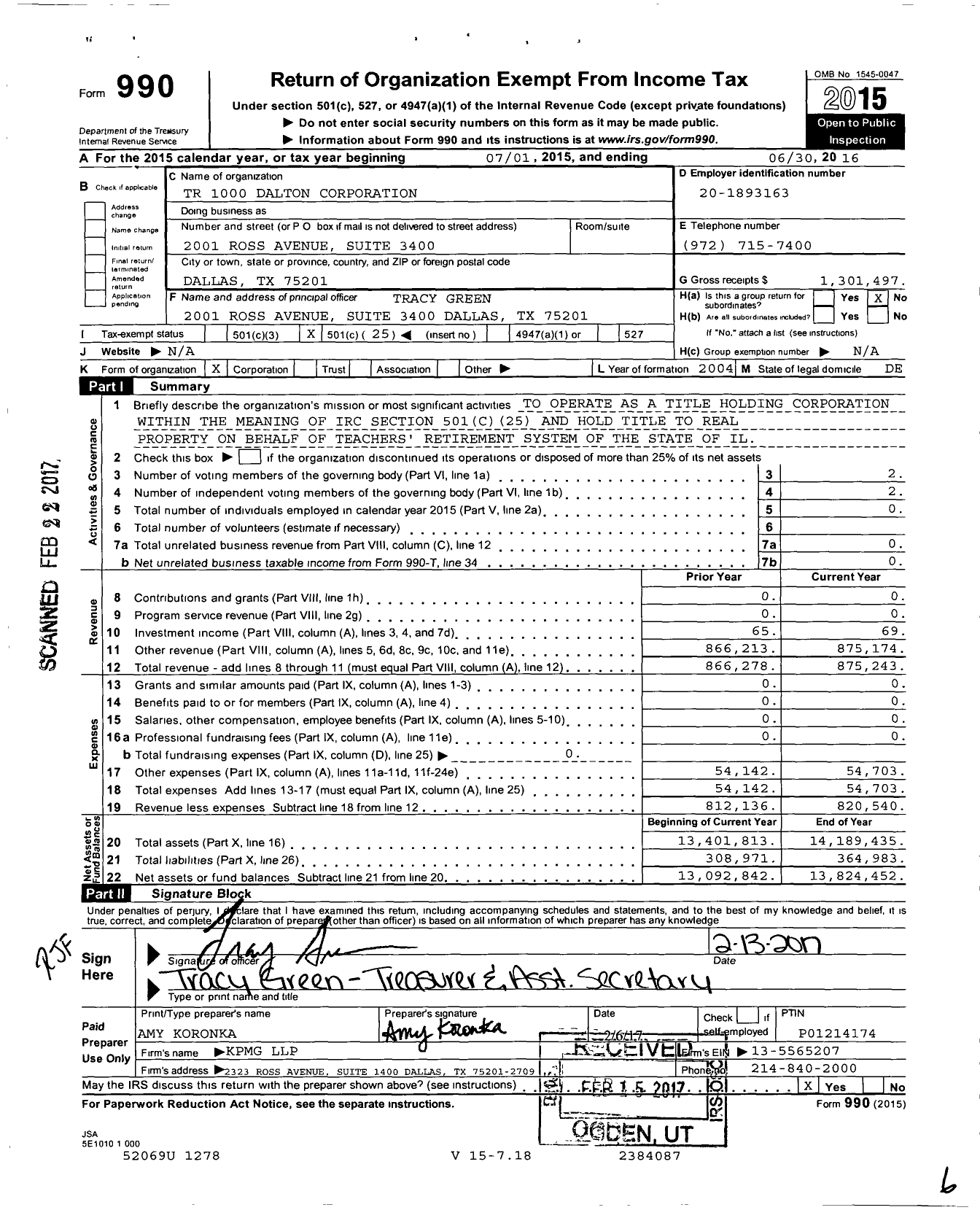 Image of first page of 2015 Form 990O for TR 1000 Dalton Lane Corporation