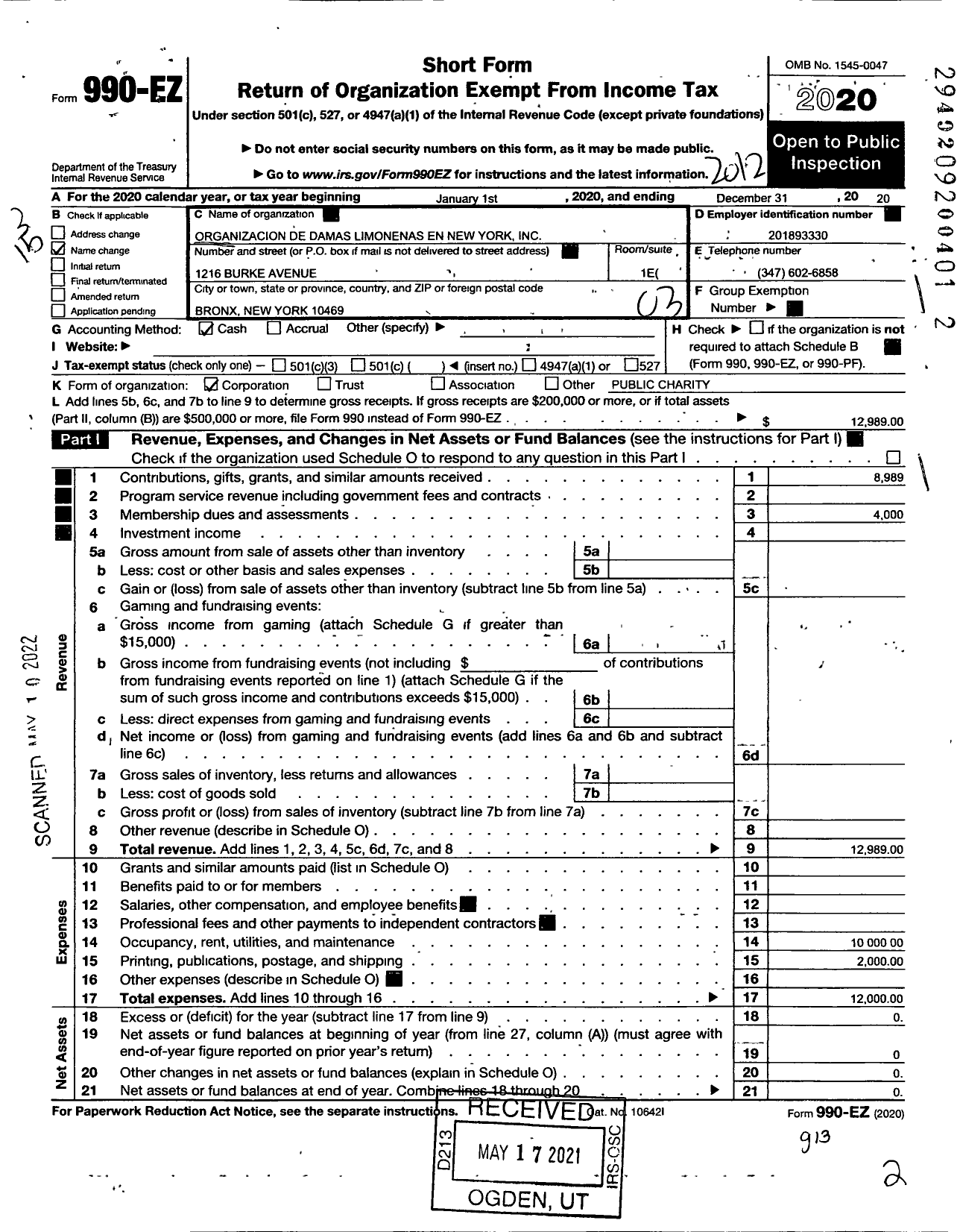 Image of first page of 2020 Form 990EZ for Organizacion de Damas Limonenas En New York