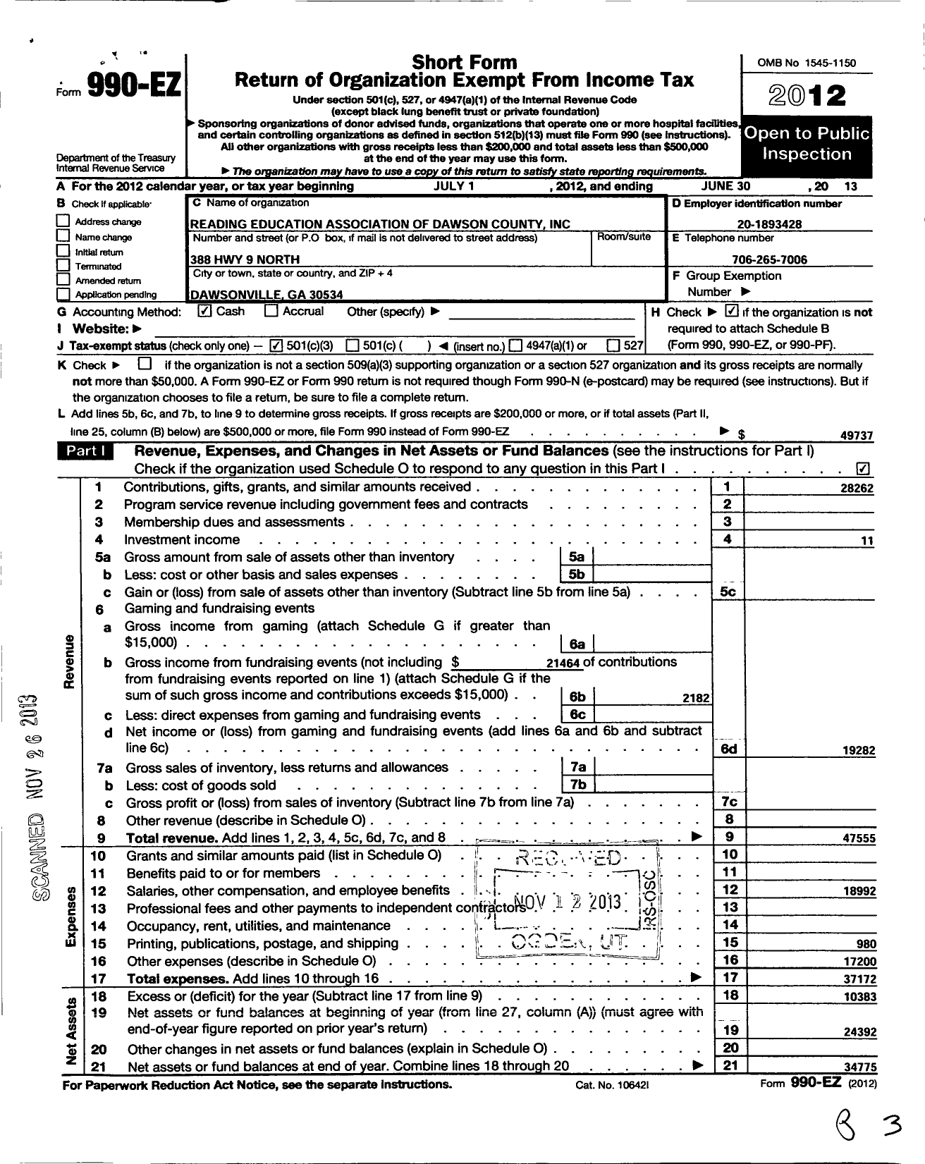 Image of first page of 2012 Form 990EZ for Reading Education Association of Dawson County