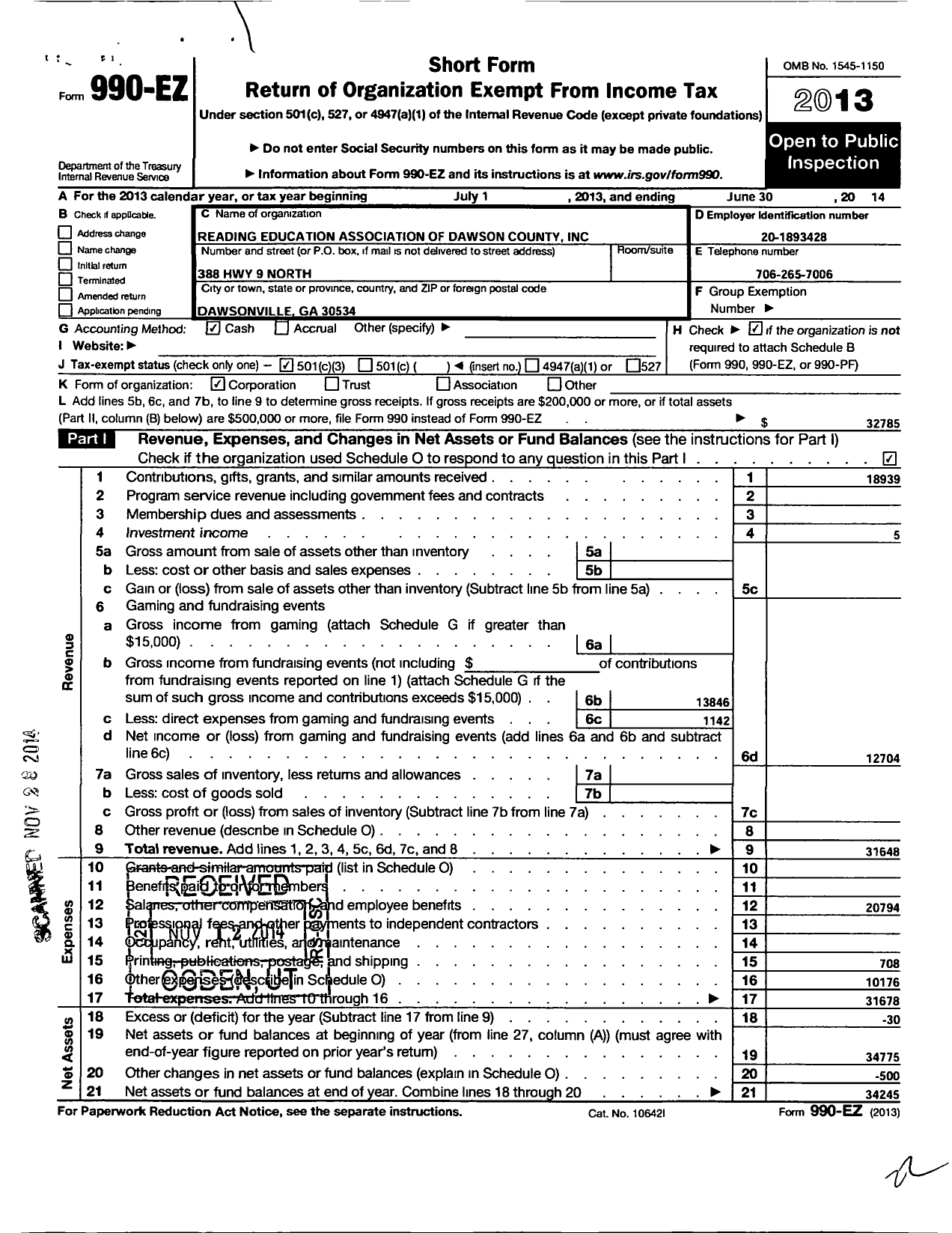 Image of first page of 2013 Form 990EZ for Reading Education Association of Dawson County