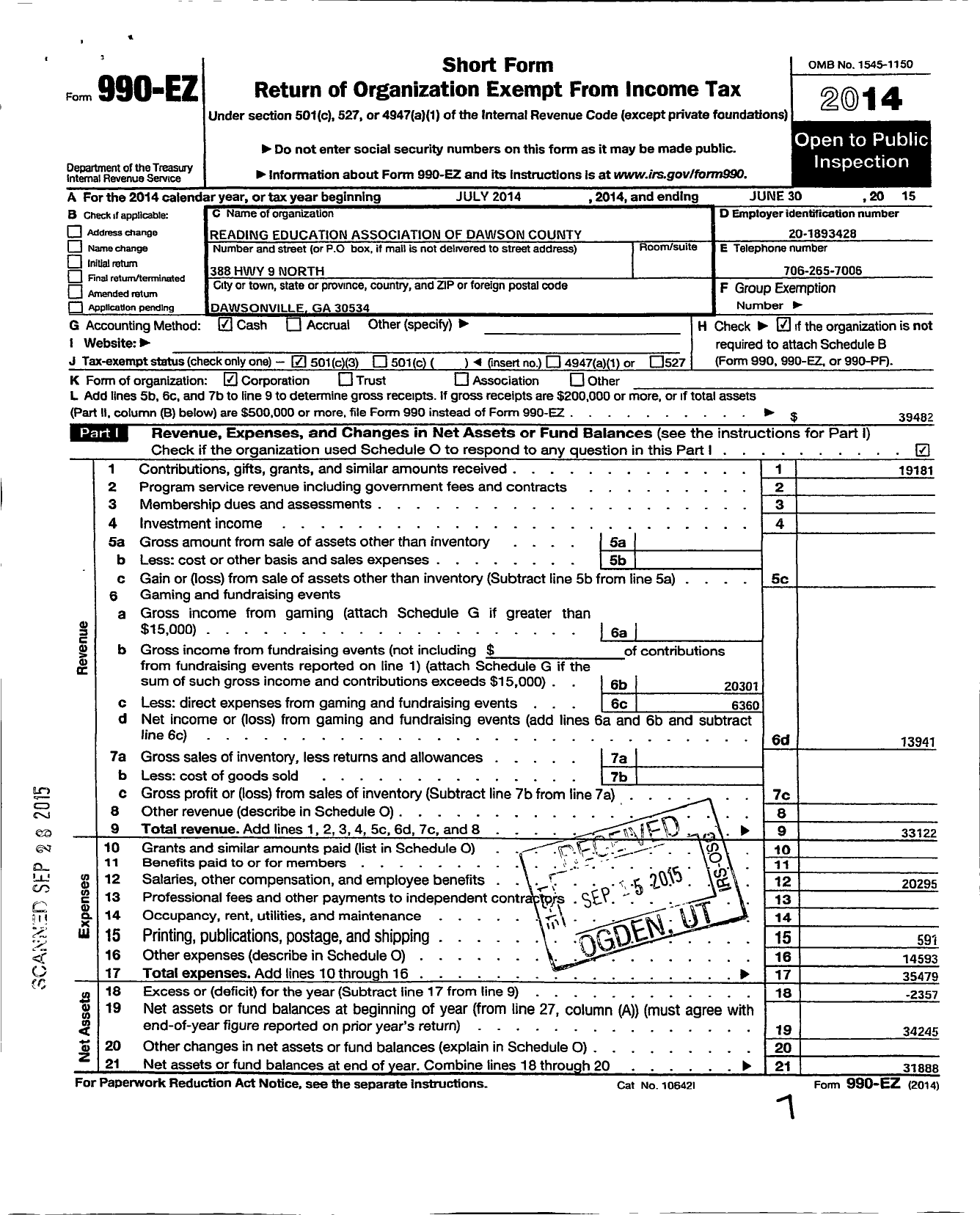 Image of first page of 2014 Form 990EZ for Reading Education Association of Dawson County