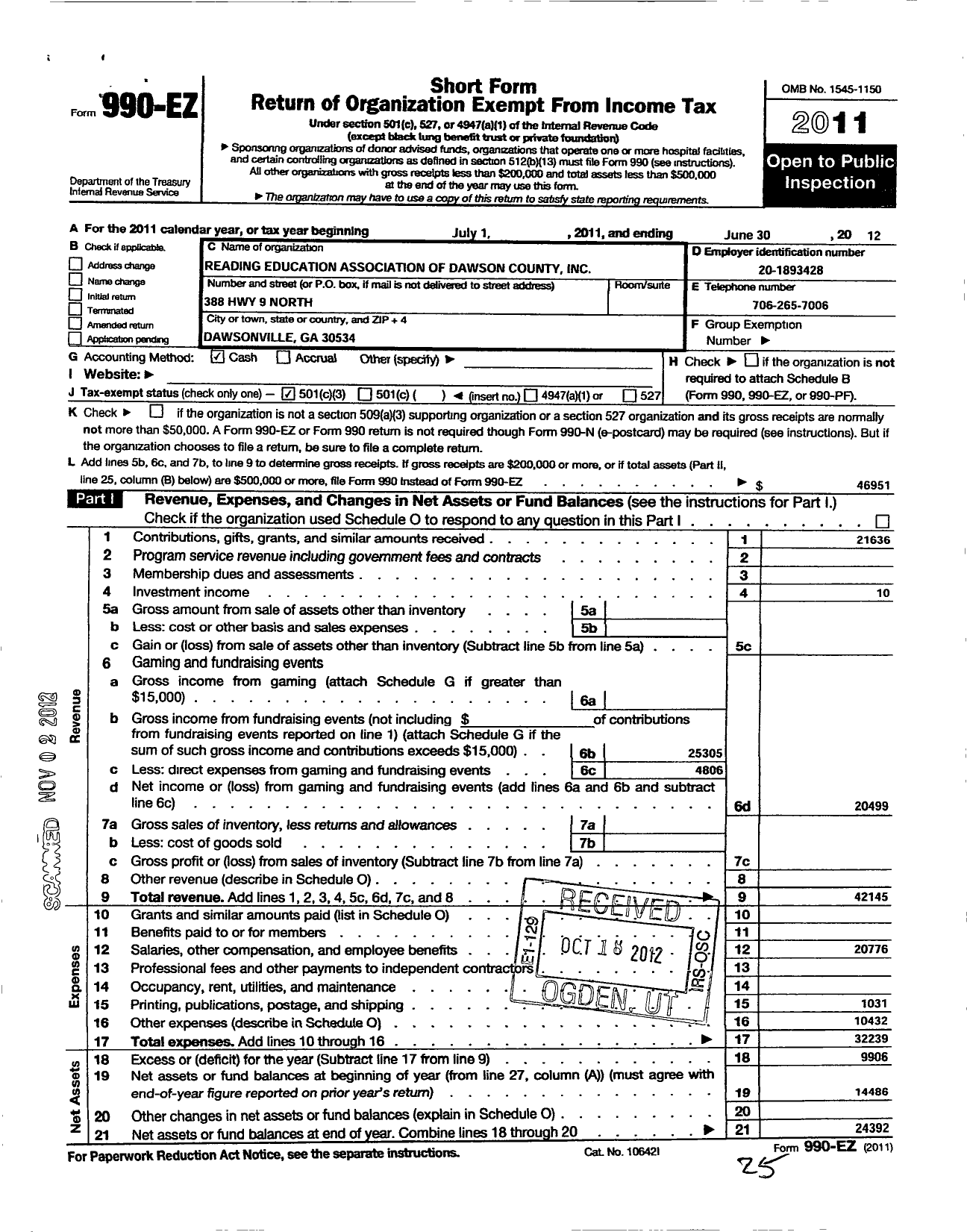 Image of first page of 2011 Form 990EZ for Reading Education Association of Dawson County