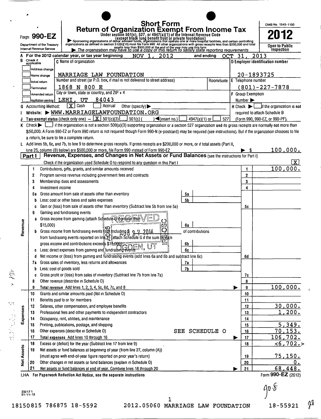 Image of first page of 2012 Form 990EZ for Marriage Law Foundation