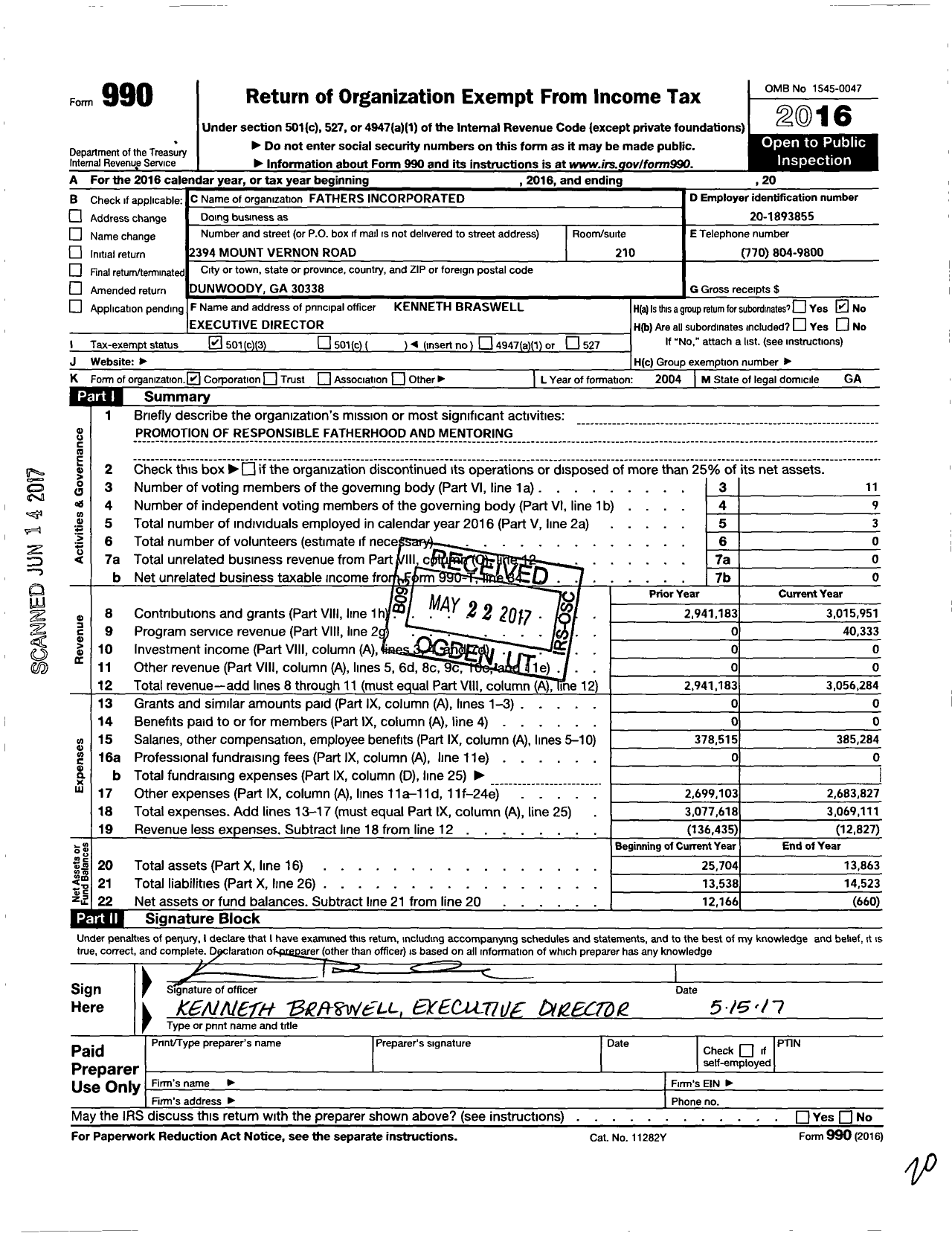 Image of first page of 2016 Form 990 for Fathers Incorporated